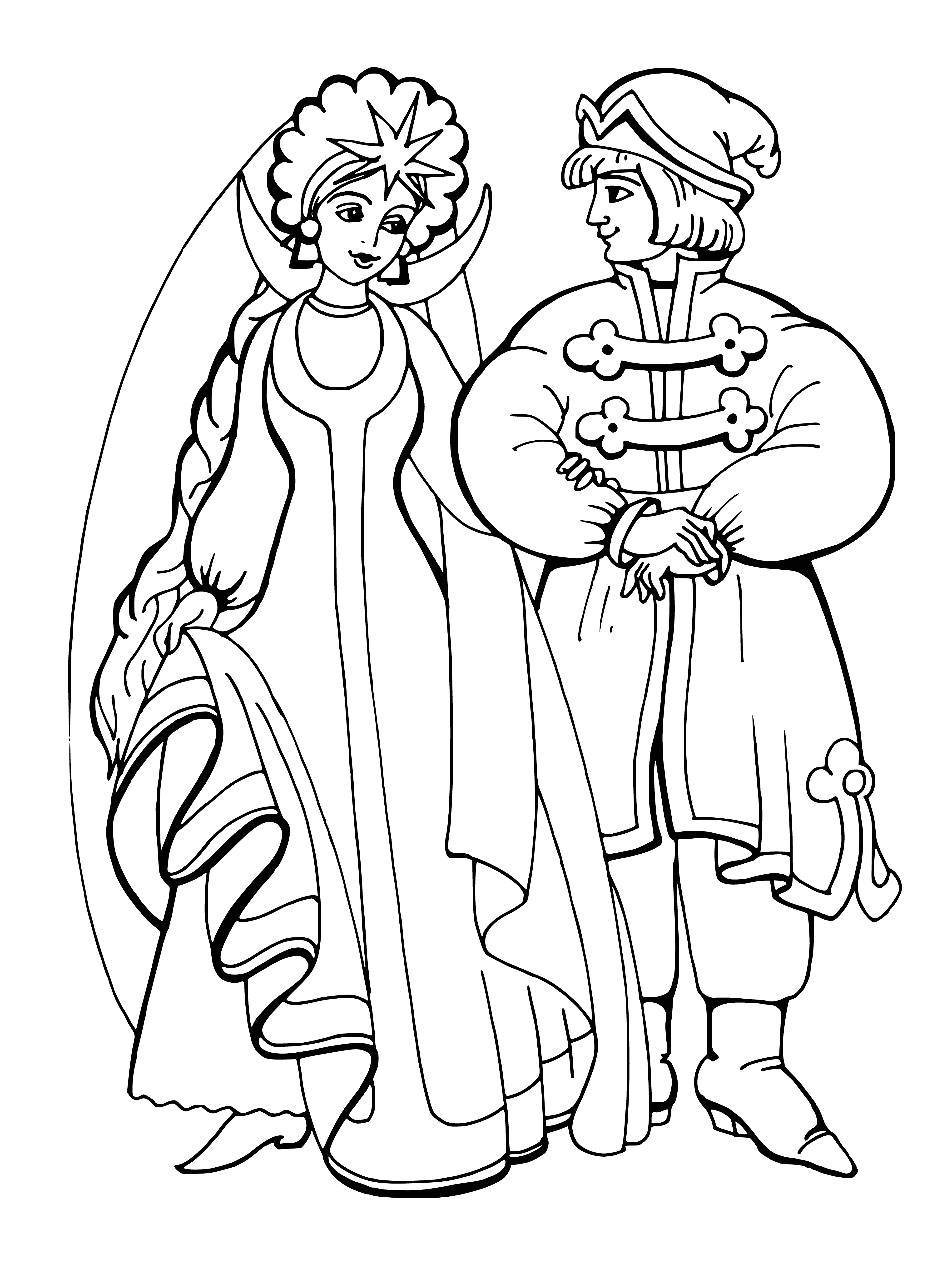 coloring page: Man & woman in Russian clothing lean close, admiring each other with love. Man has mustache, woman wears flowered headdress. #love