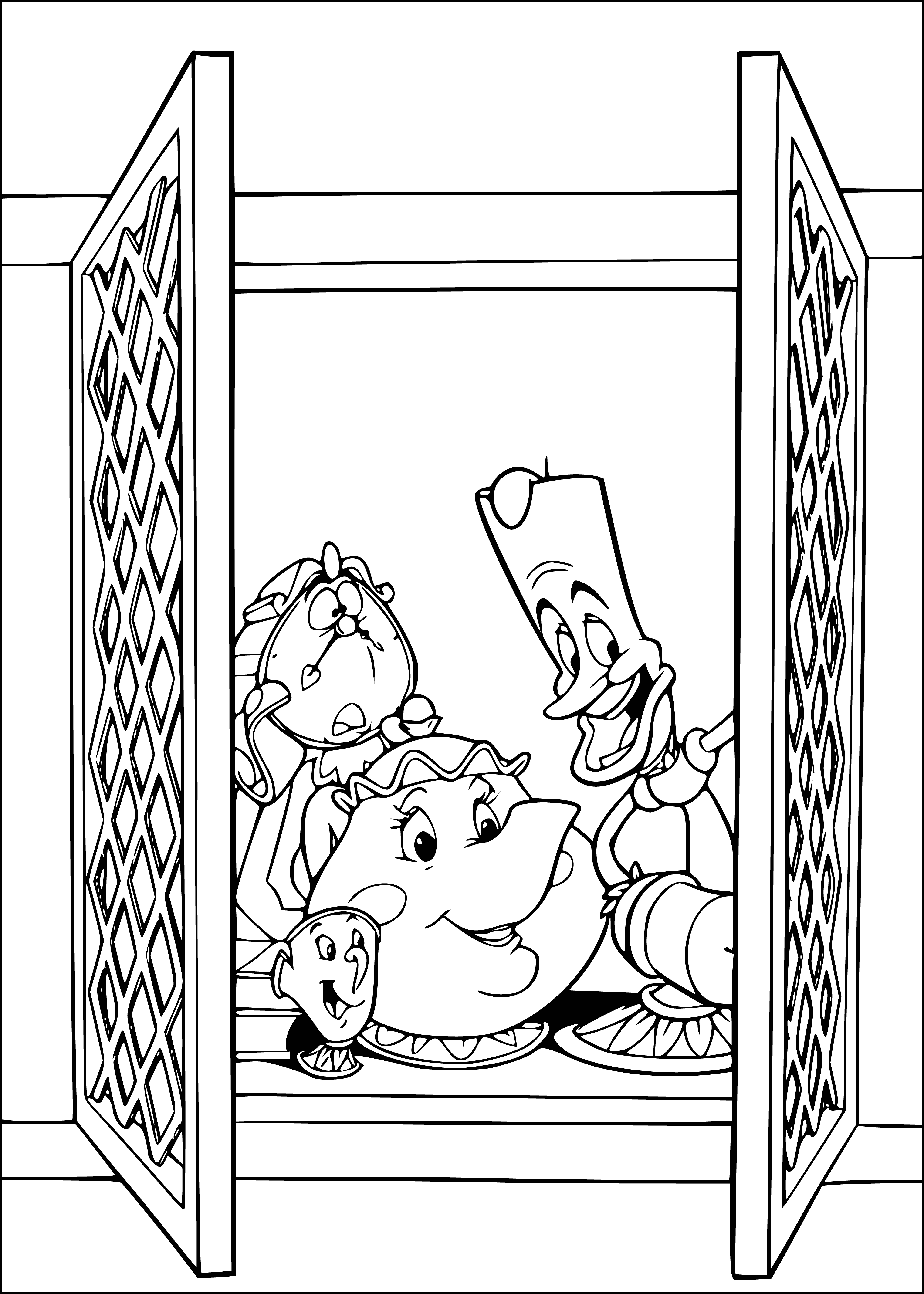 coloring page: Belle meets the Beast: massive, shaggy brown fur, horns, eyes glowing yellow, mouth open in a growl. Maurice & castle staff stand in awe.