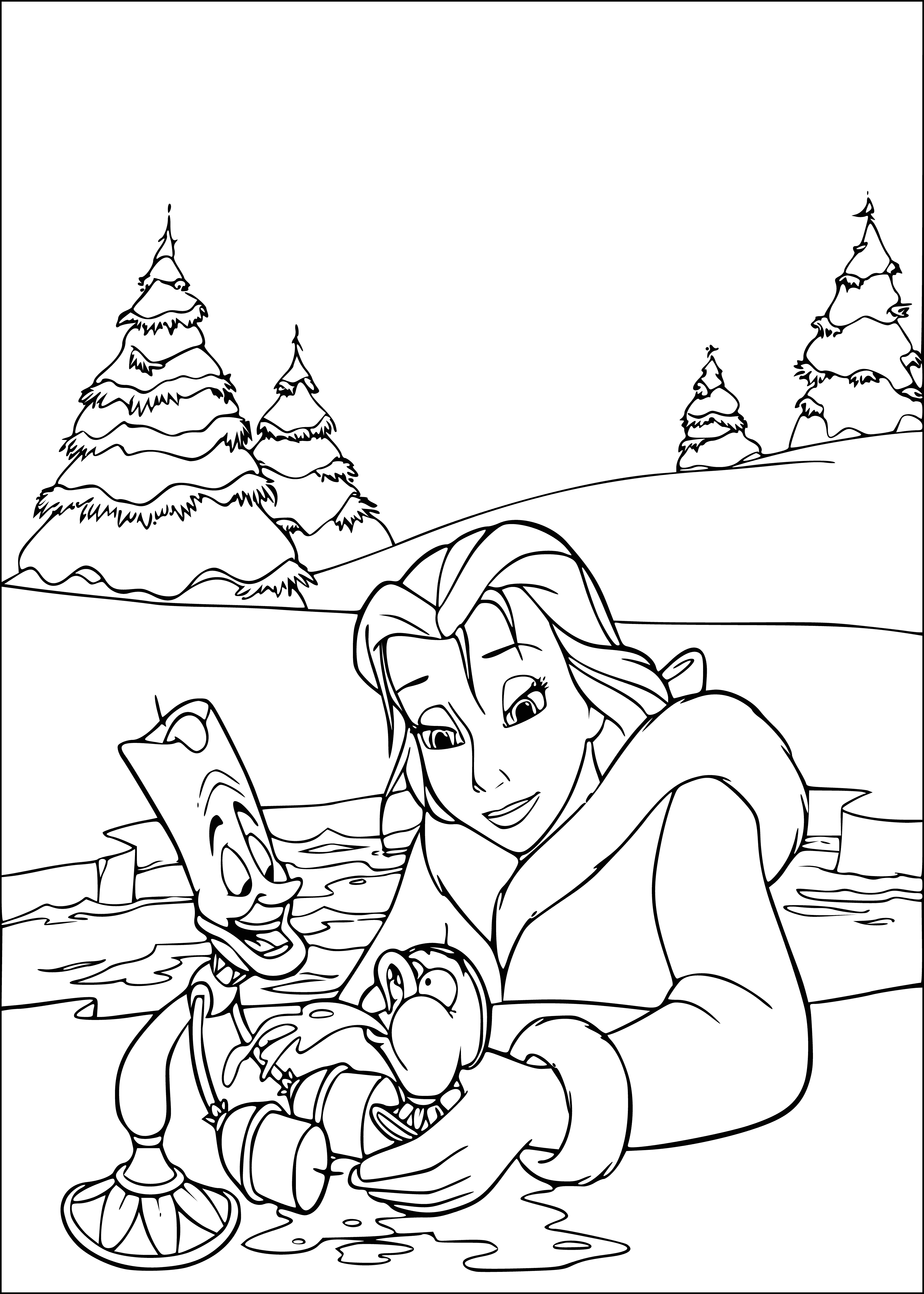 coloring page: Group stands on frozen lake. Hole has metal fence, 2 ice cubes. Man holds rope to tree; woman holds crying baby on other cube.