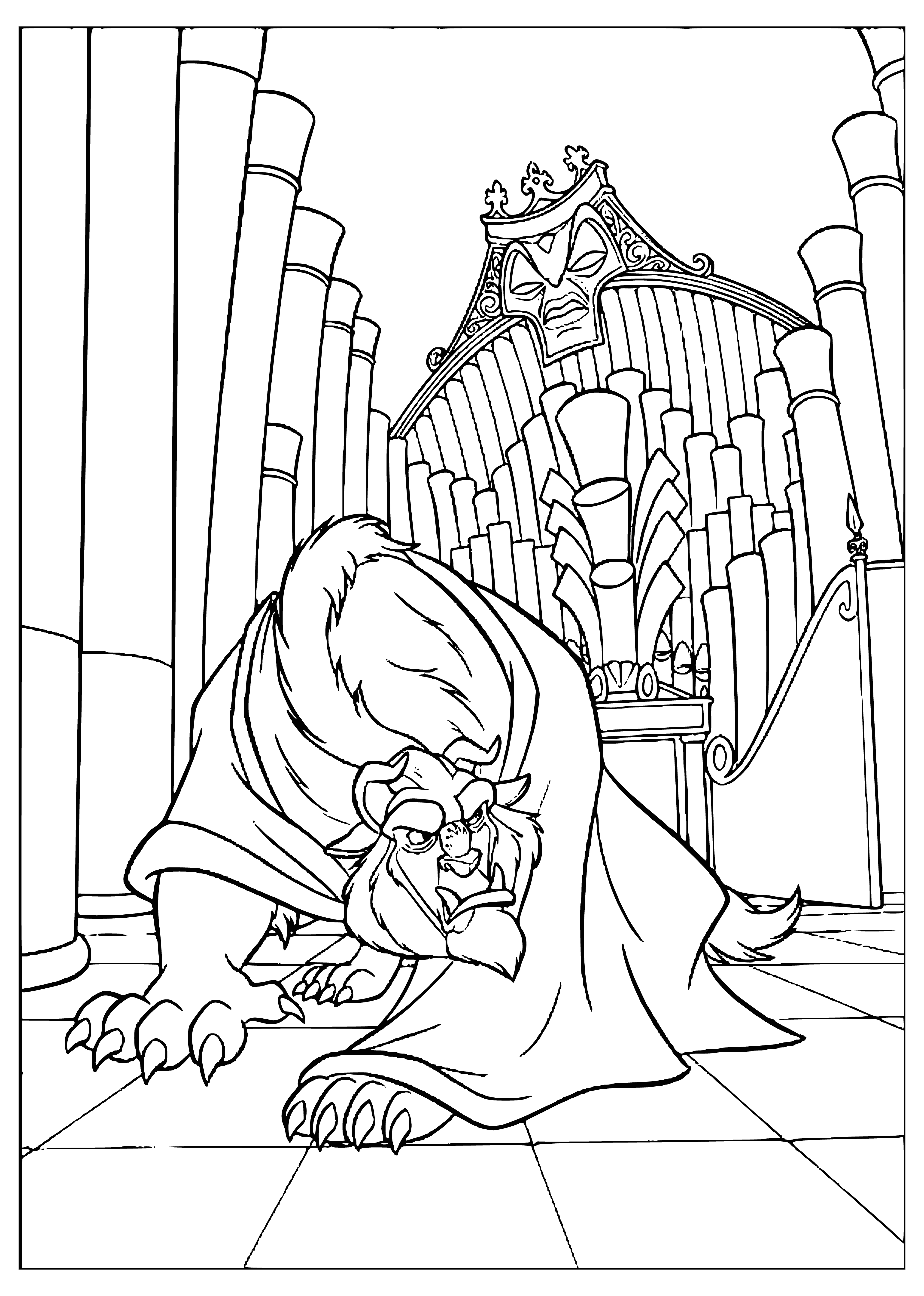 coloring page: Dark creature with red eyes & claws, small creature on its back, standing on dark rock; faint castle outline in background.