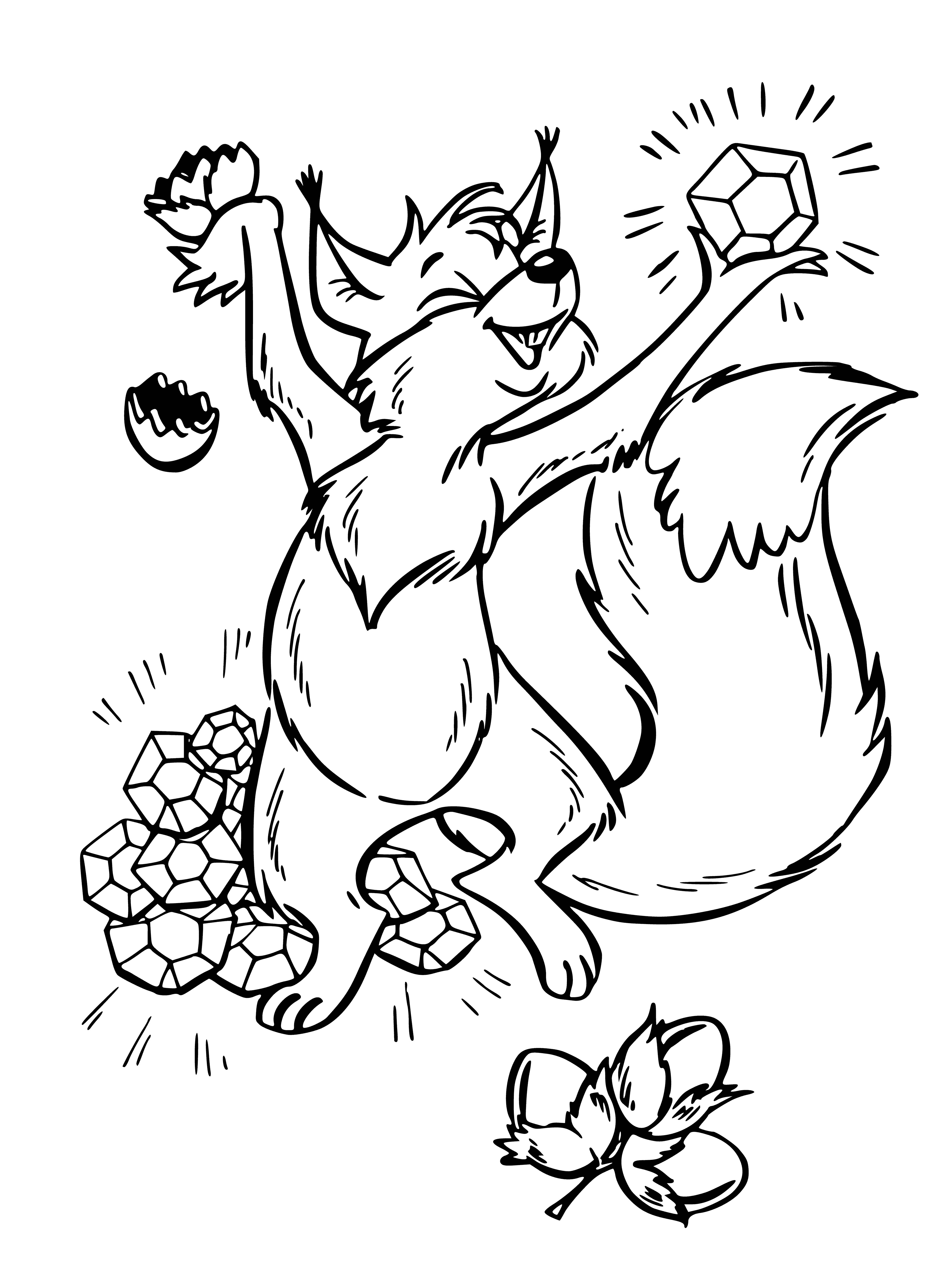 coloring page: A squirrel sits on a tree branch, barking on some nuts, with its tail in the air. Leaves and other branches are nearby.