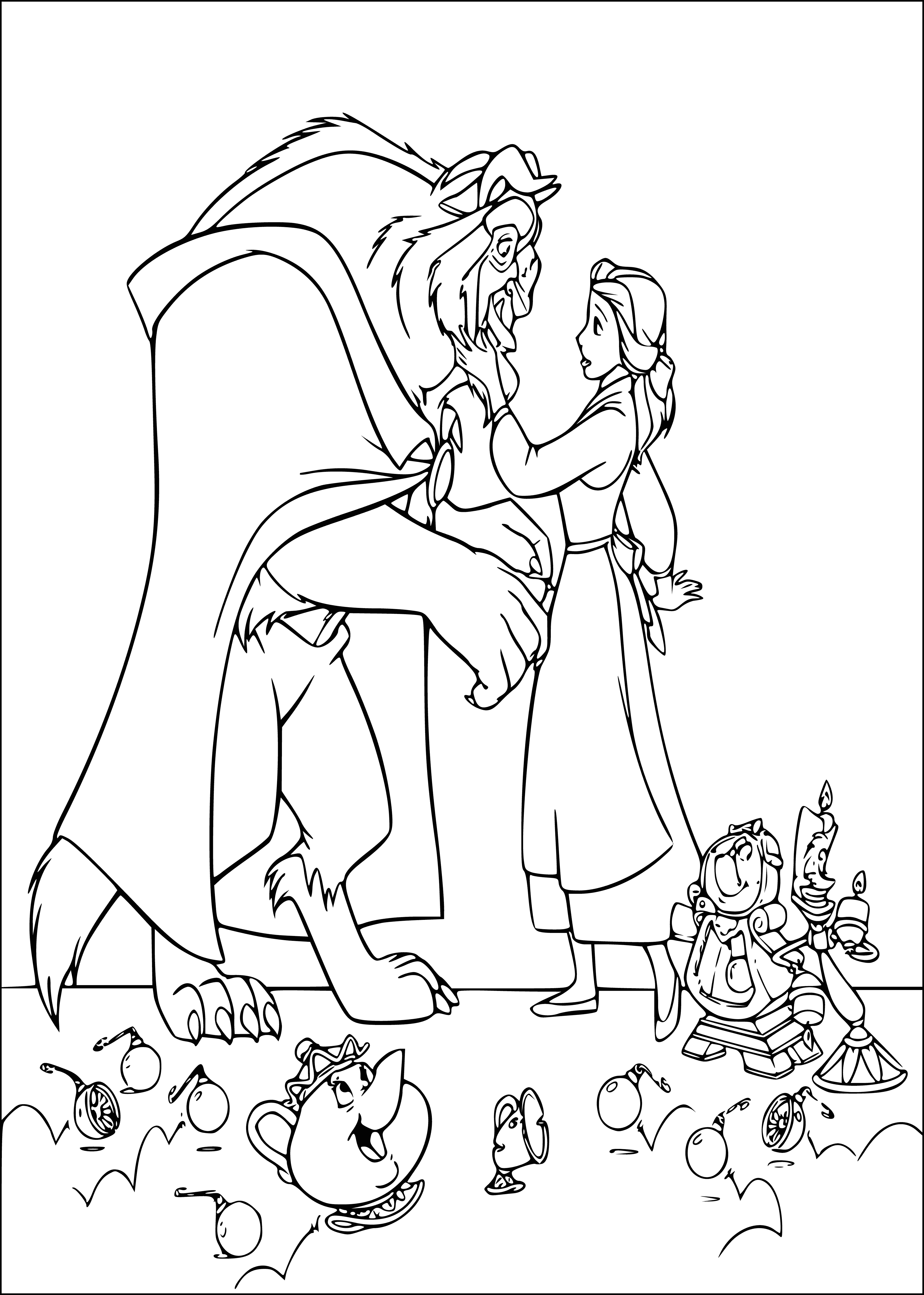 coloring page: A woman stands surrounded by two white wolves at a castle in the moonlight.