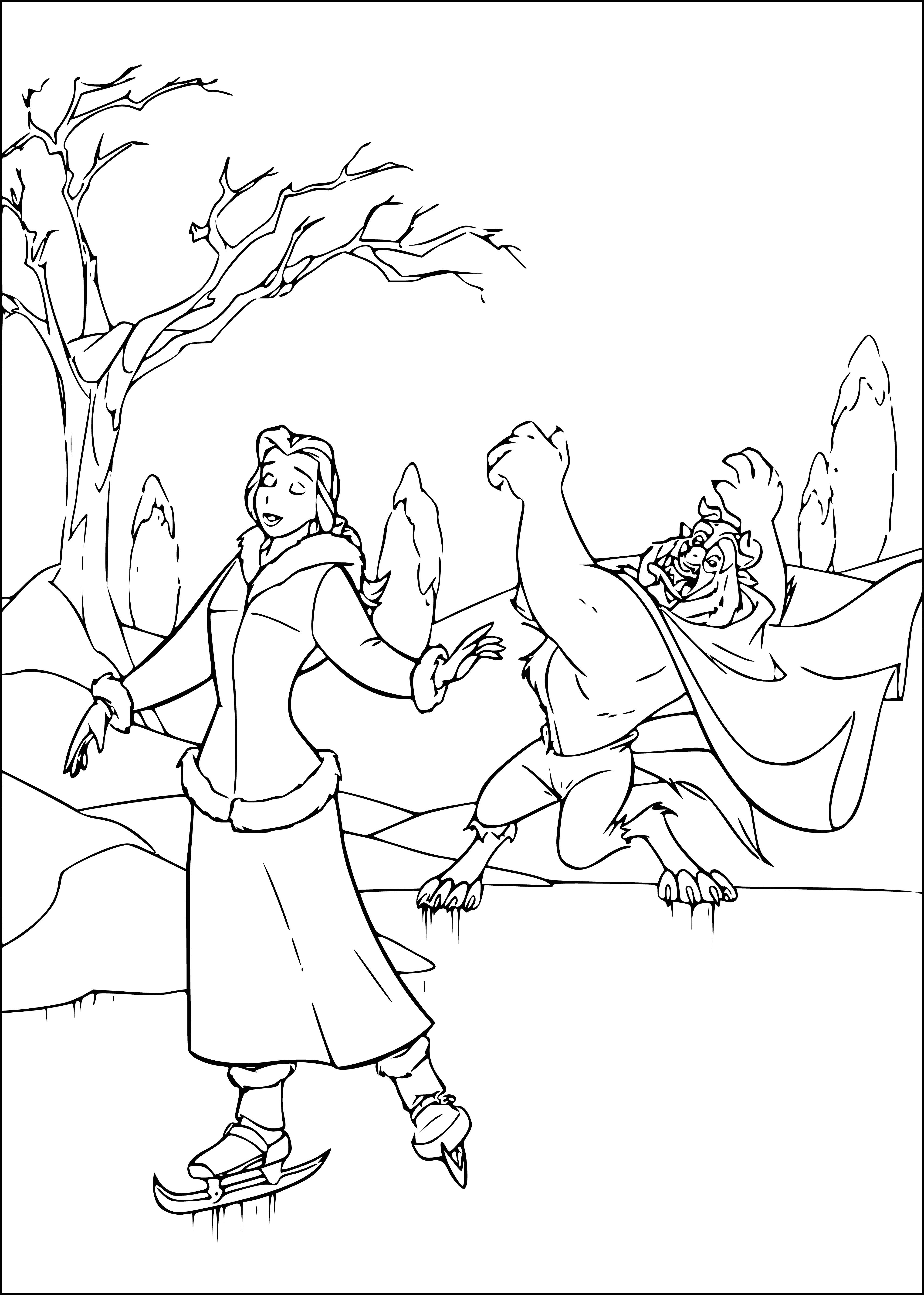 coloring page: Stage with rink & castle backdrop; trees surround it; skaters in white dress and blue suit. #iceskating