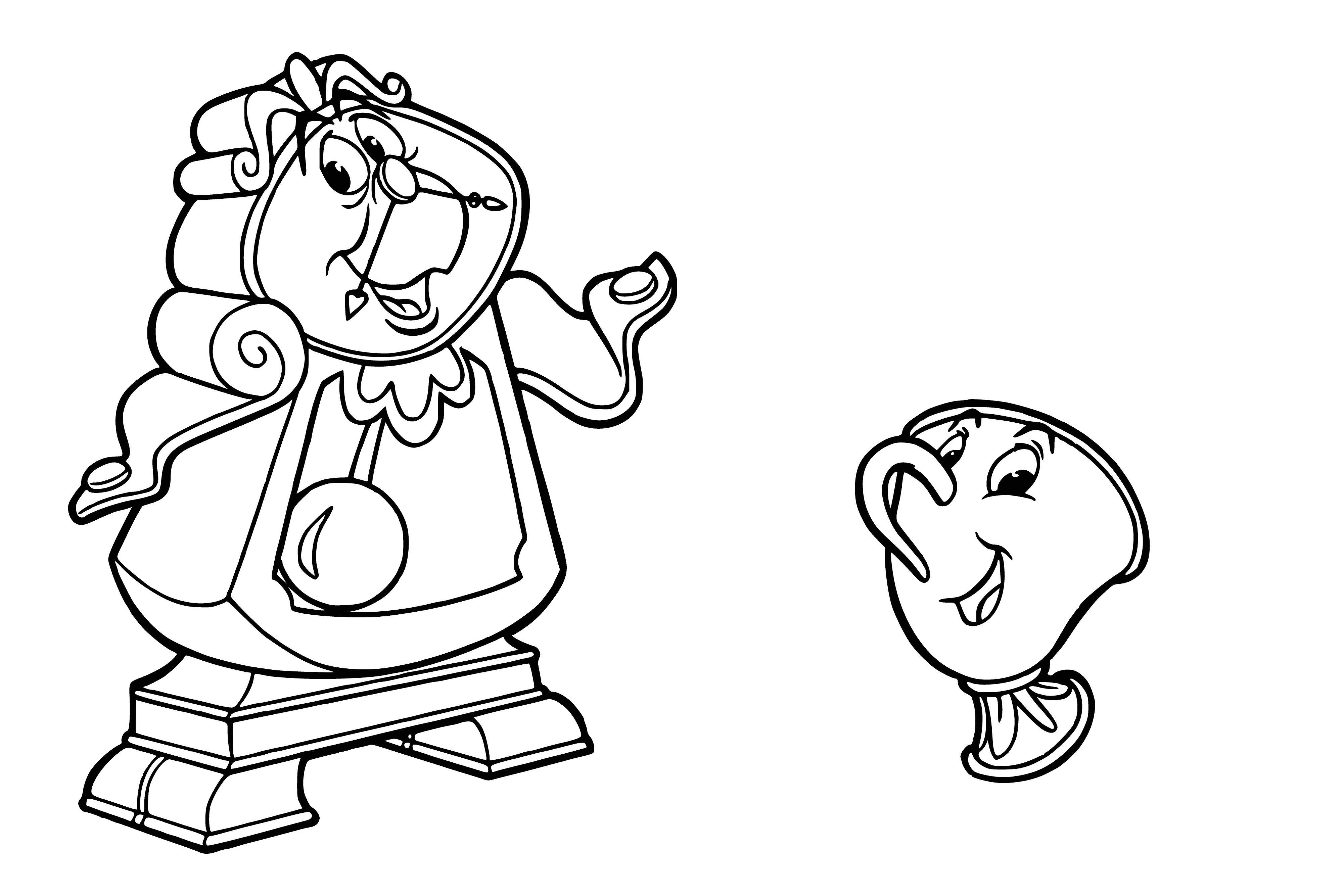 coloring page: Coloring page from Disney's 1991 "Beauty and Beast" movie; Cogsworth, a mantel clock, and Chip, a human-turned-teacup, wearing blue & gold uniforms, with Cogsworth looking stern and Chip looking innocent.