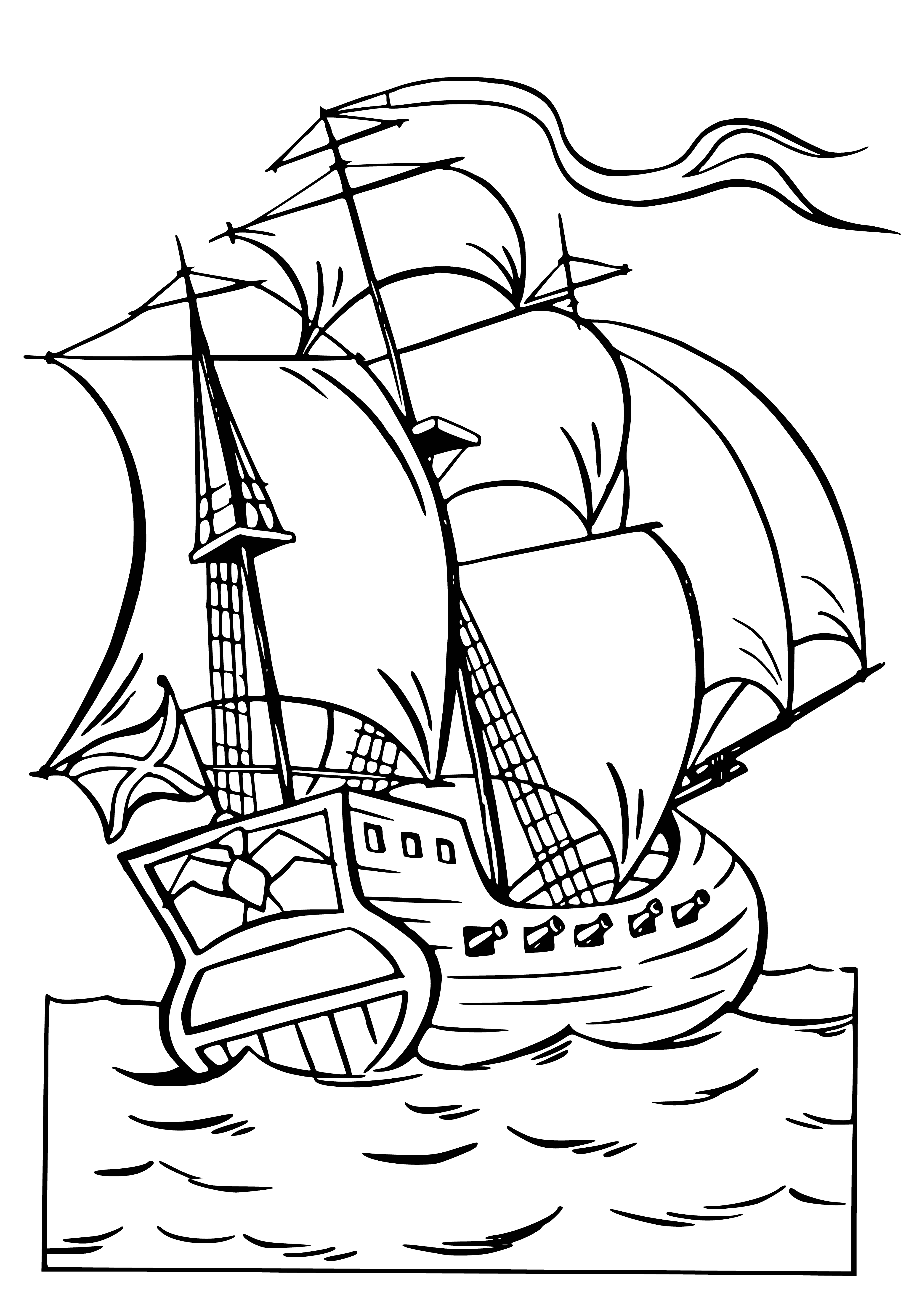 coloring page: A tall ship sails in clear skies on calm waters near the shore, with other ships and birds in the background.