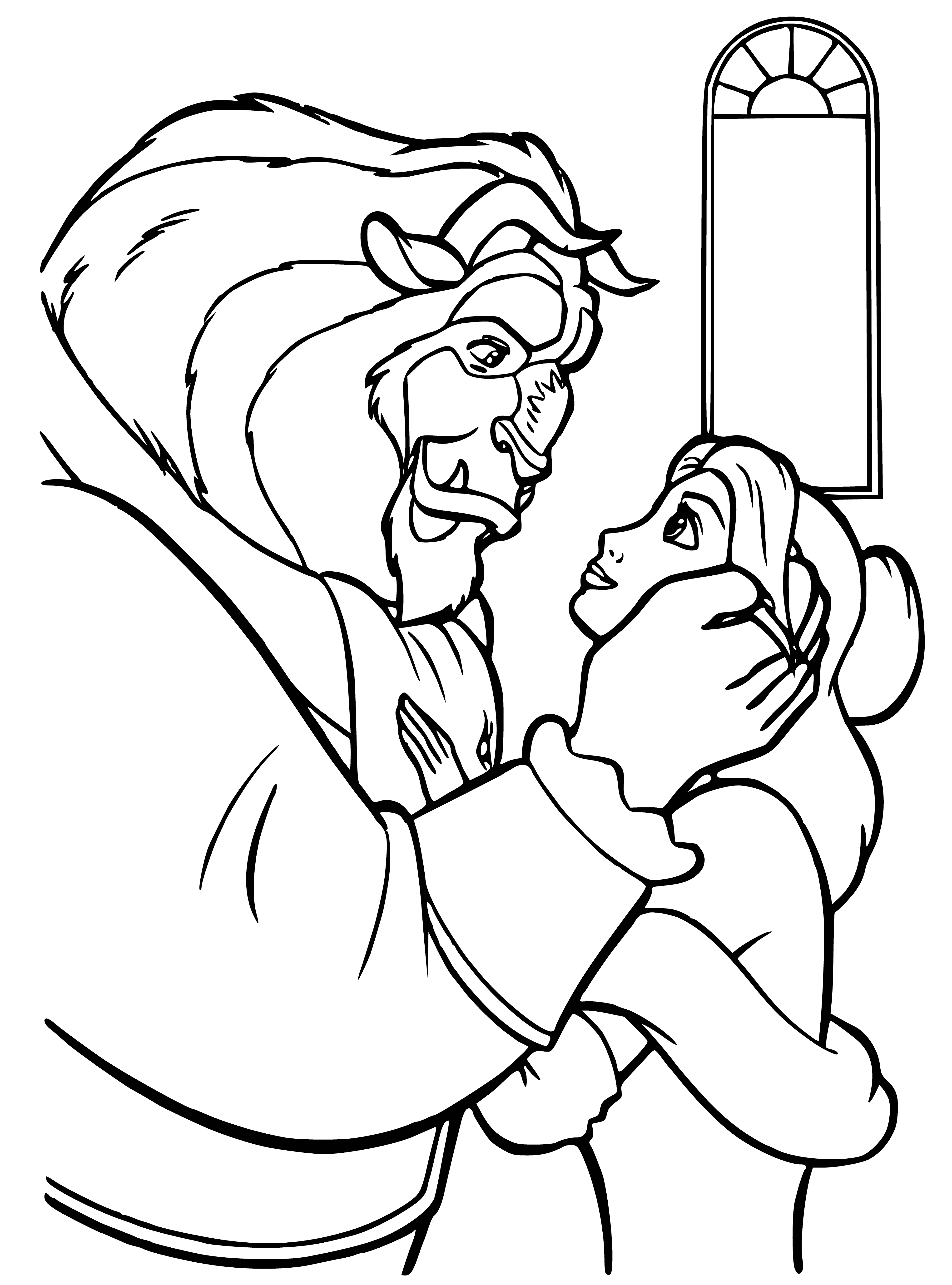 coloring page: Young woman looks at man who stares at a large, furry Beast, holding a rose. #fairytale