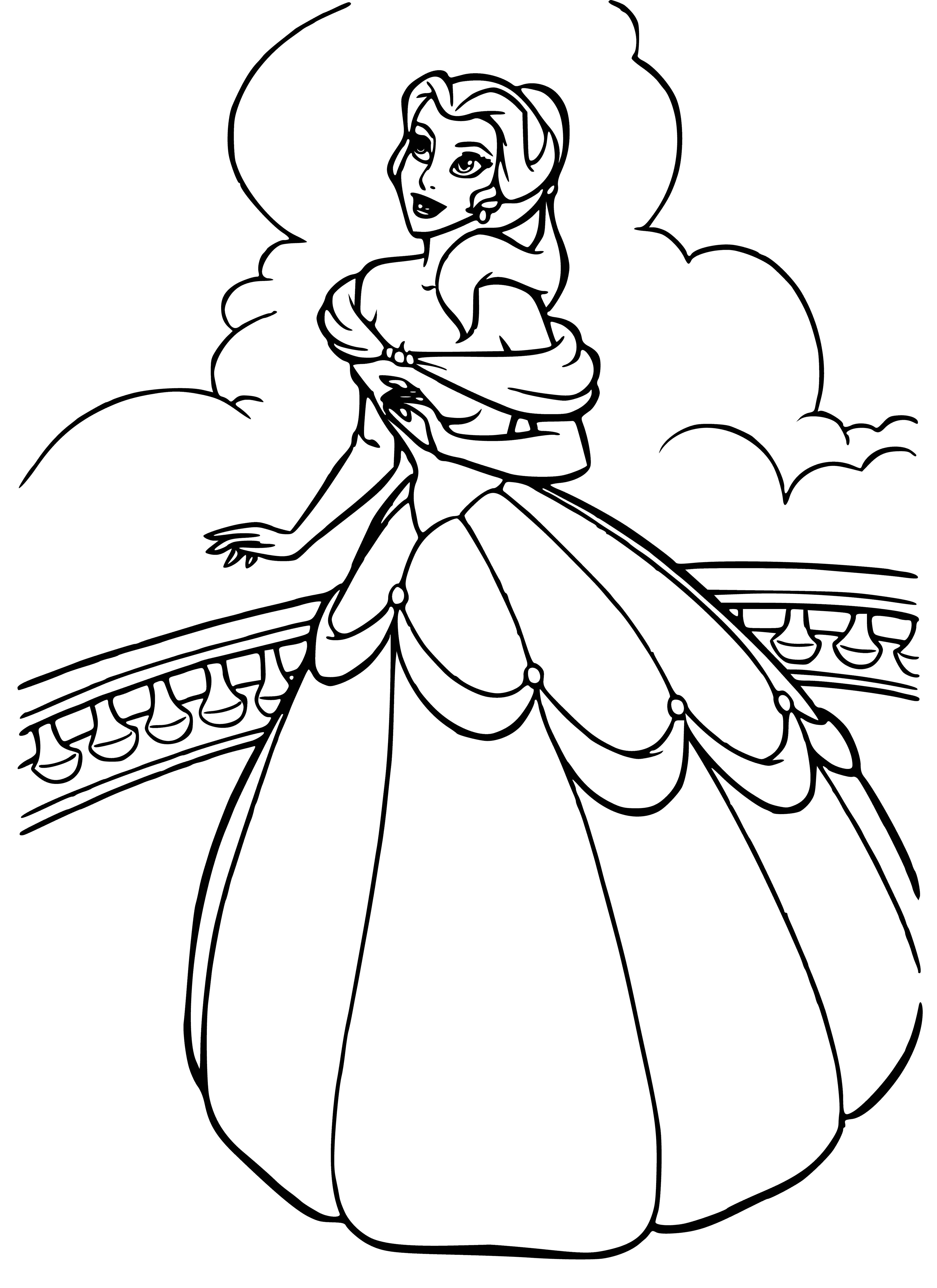 coloring page: Belle looks out at the beauty of the Beast's castle as the sun sets, holding a rose in her hand. #BeautyAndTheBeast