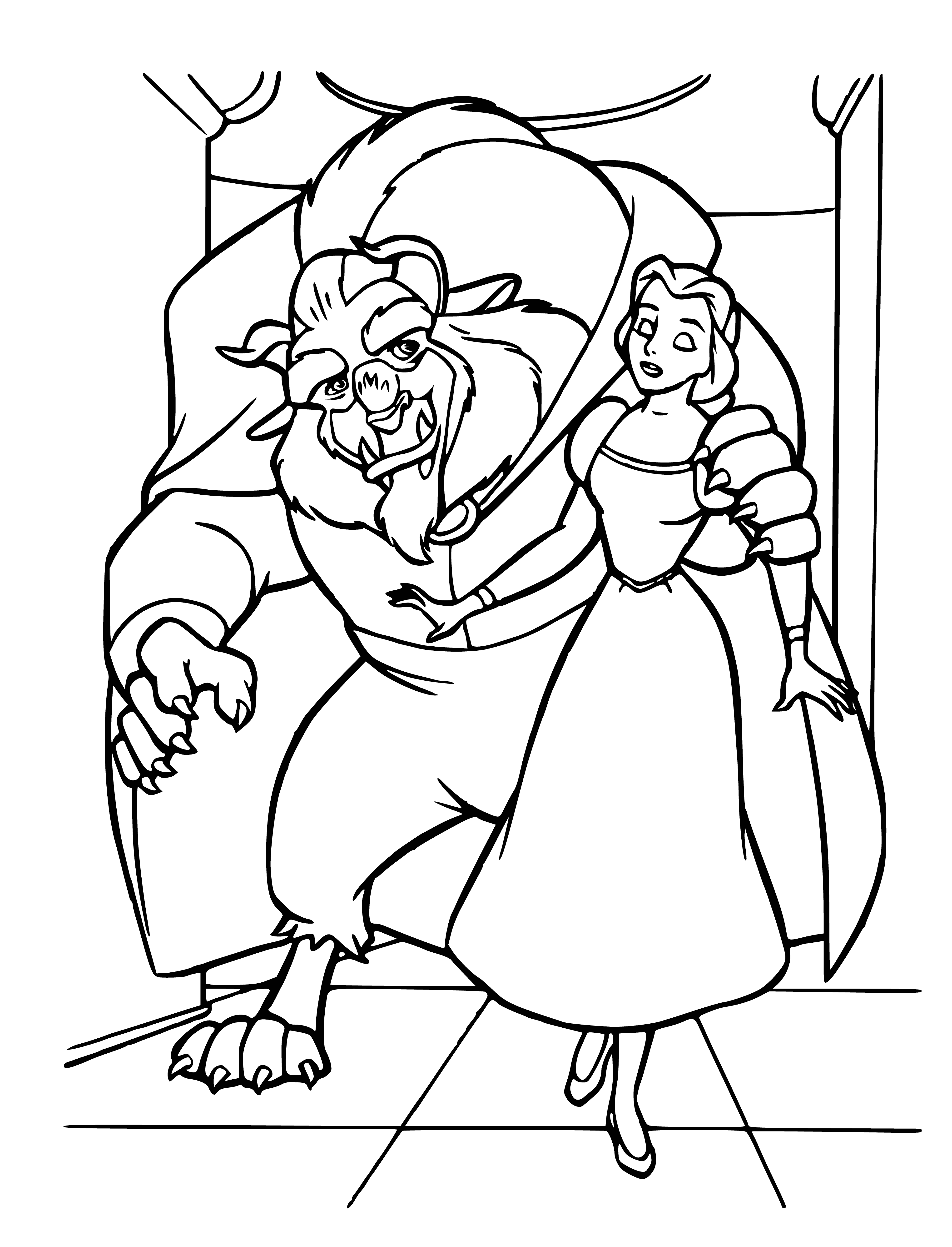 coloring page: Belle stands in front of a growling Beast, holding a red rose. #BeautyAndTheBeast