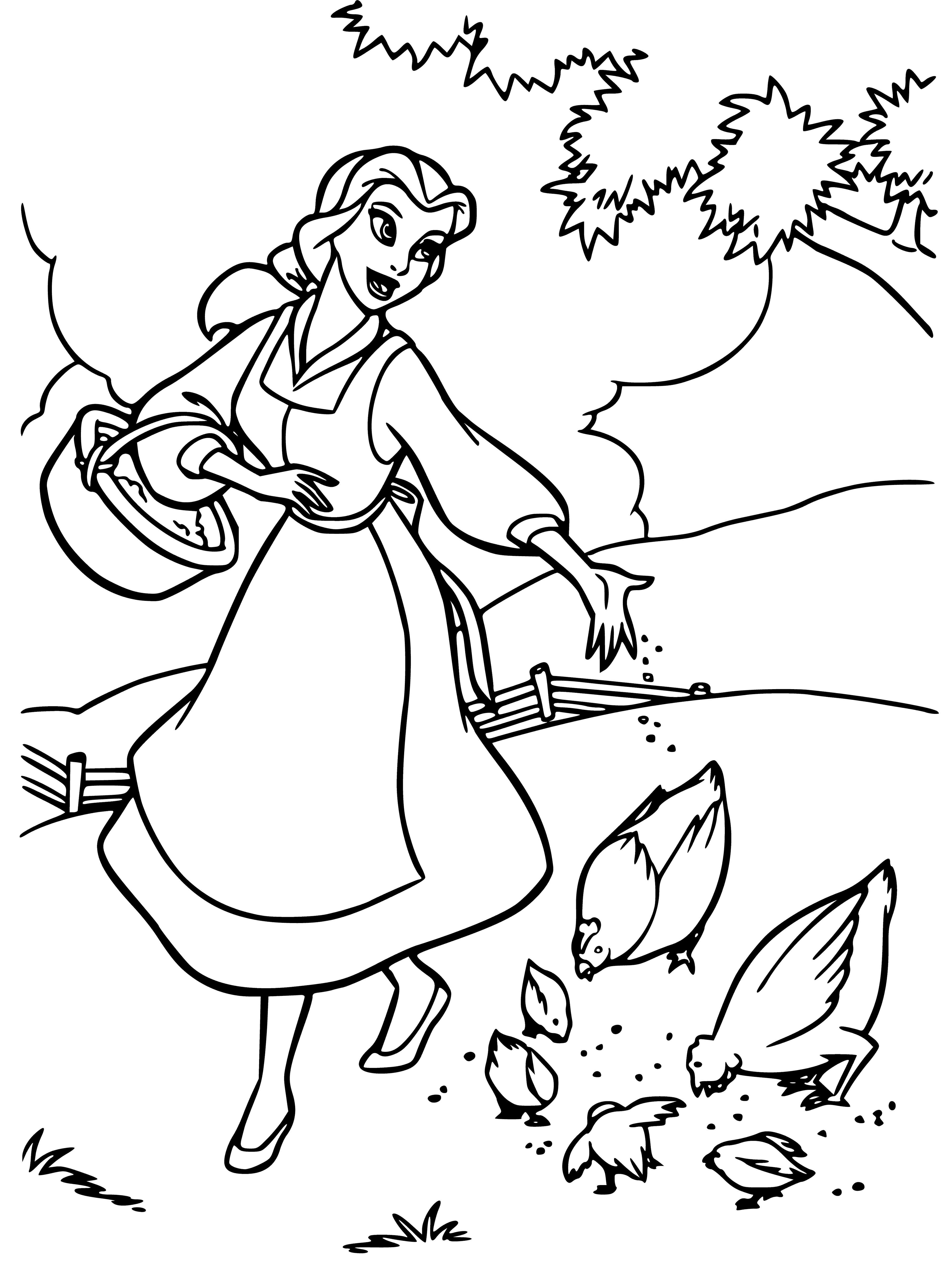 coloring page: Belle stands in front of a castle, singing in a yellow dress w/ blue cape & white gloves; her brown hair is up in a bun-confident & determined.