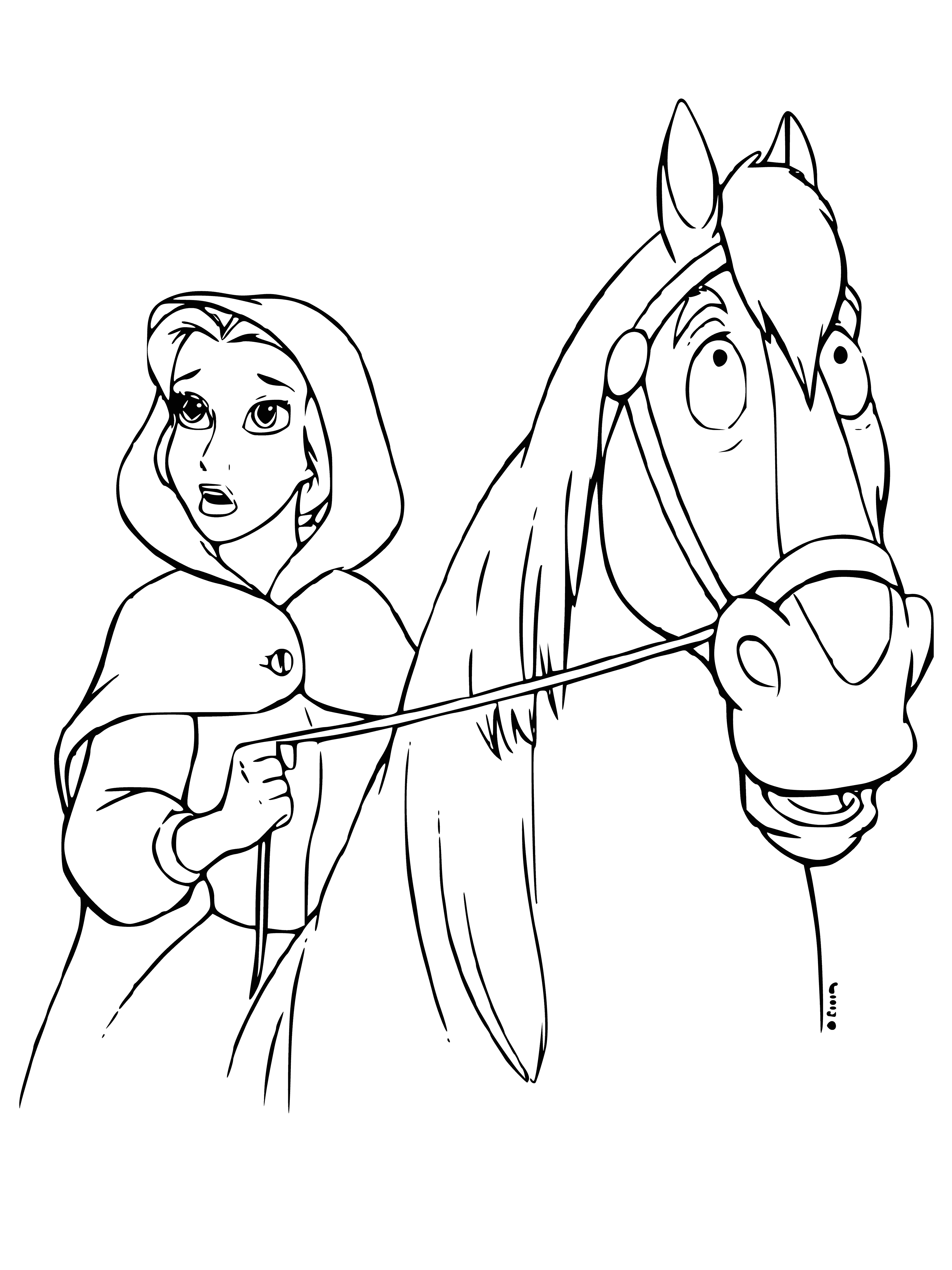 coloring page: Belle shares a tender moment with the Beast's horse, looking content despite her captivity.