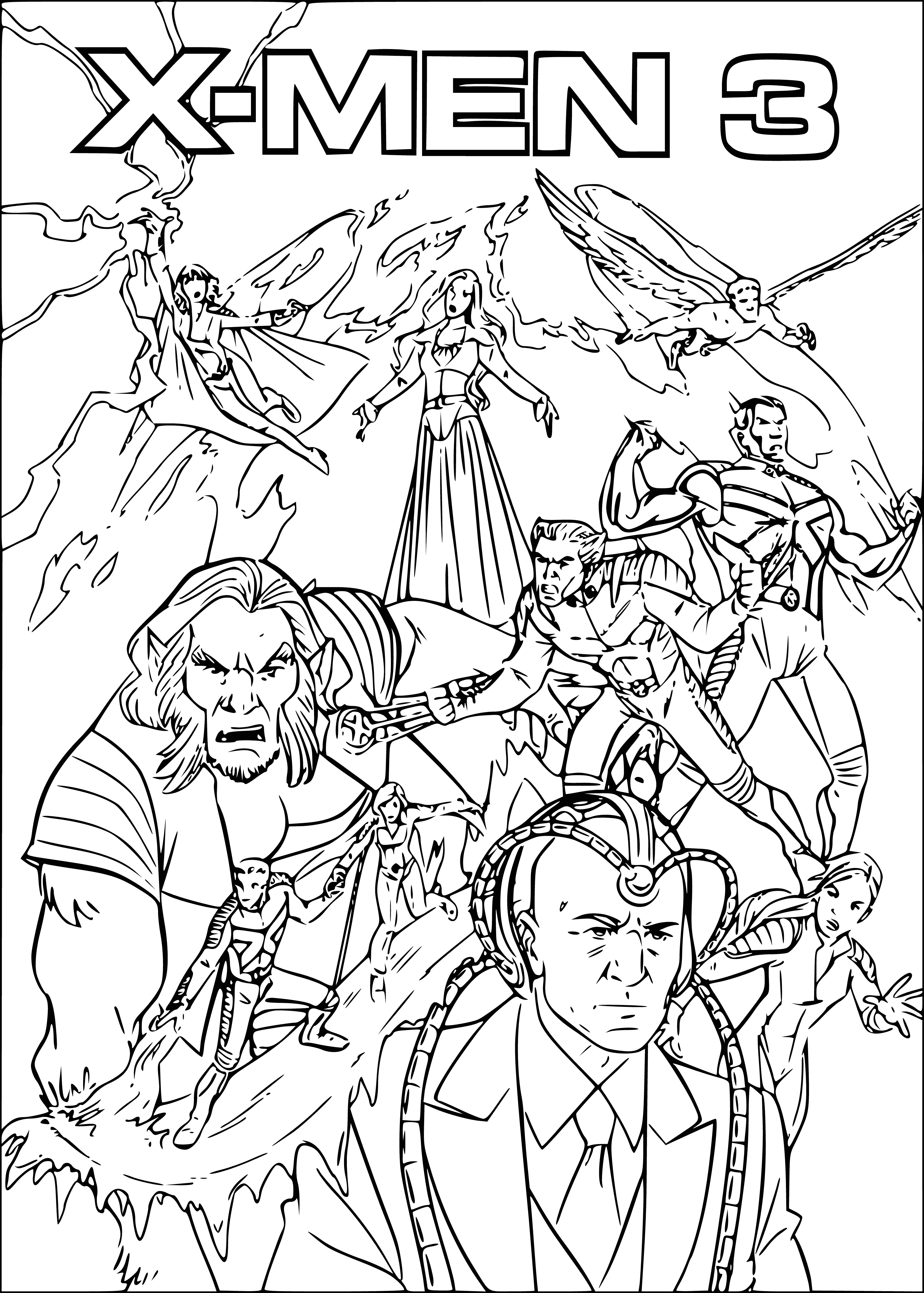 coloring page: X-men use their powers to fight for justice and peace. They are powerful and face other super-powered opponents.