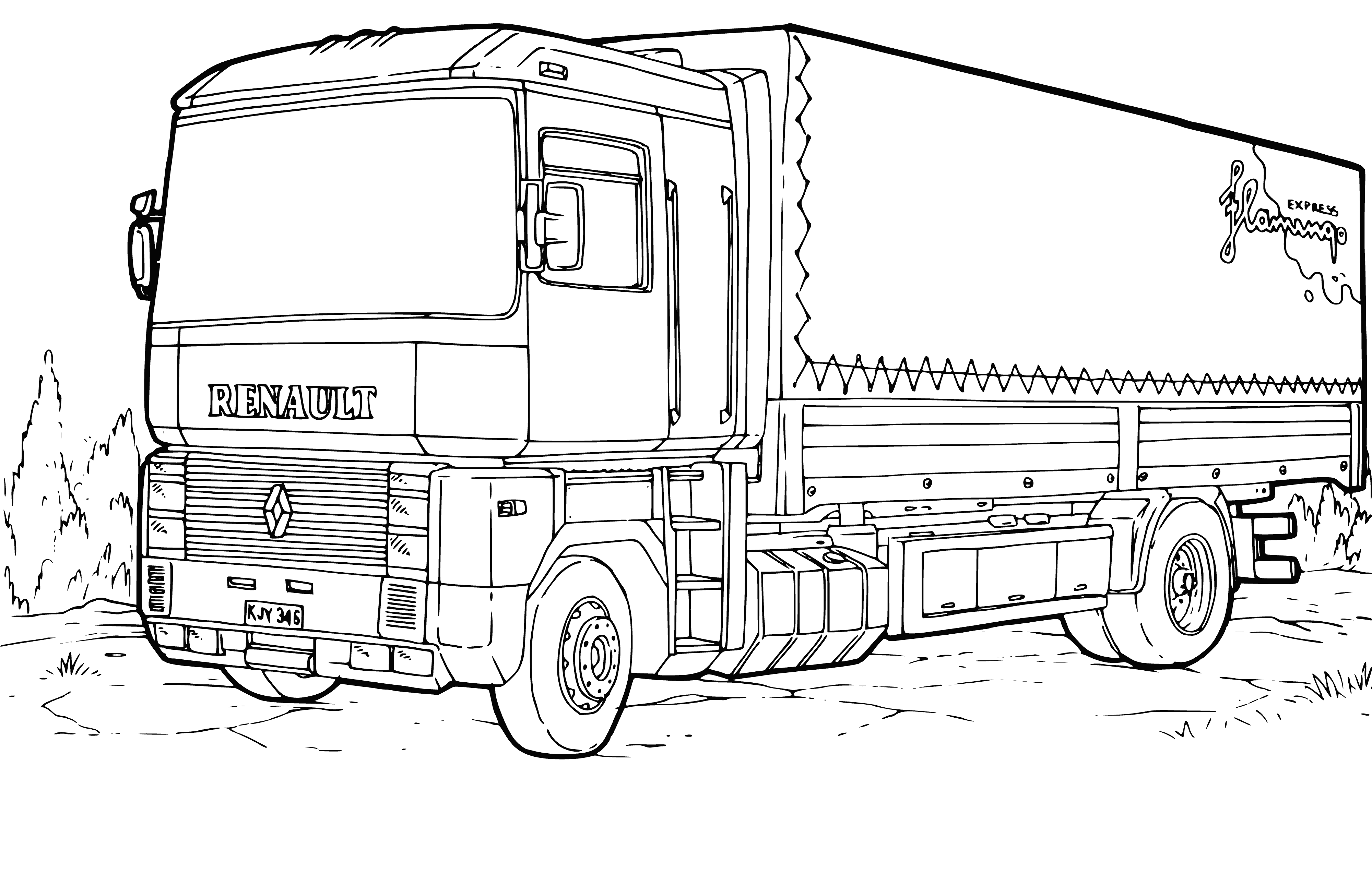 coloring page: Trucks of different colors with the Reno Magnum logo in a parking lot coloring page.