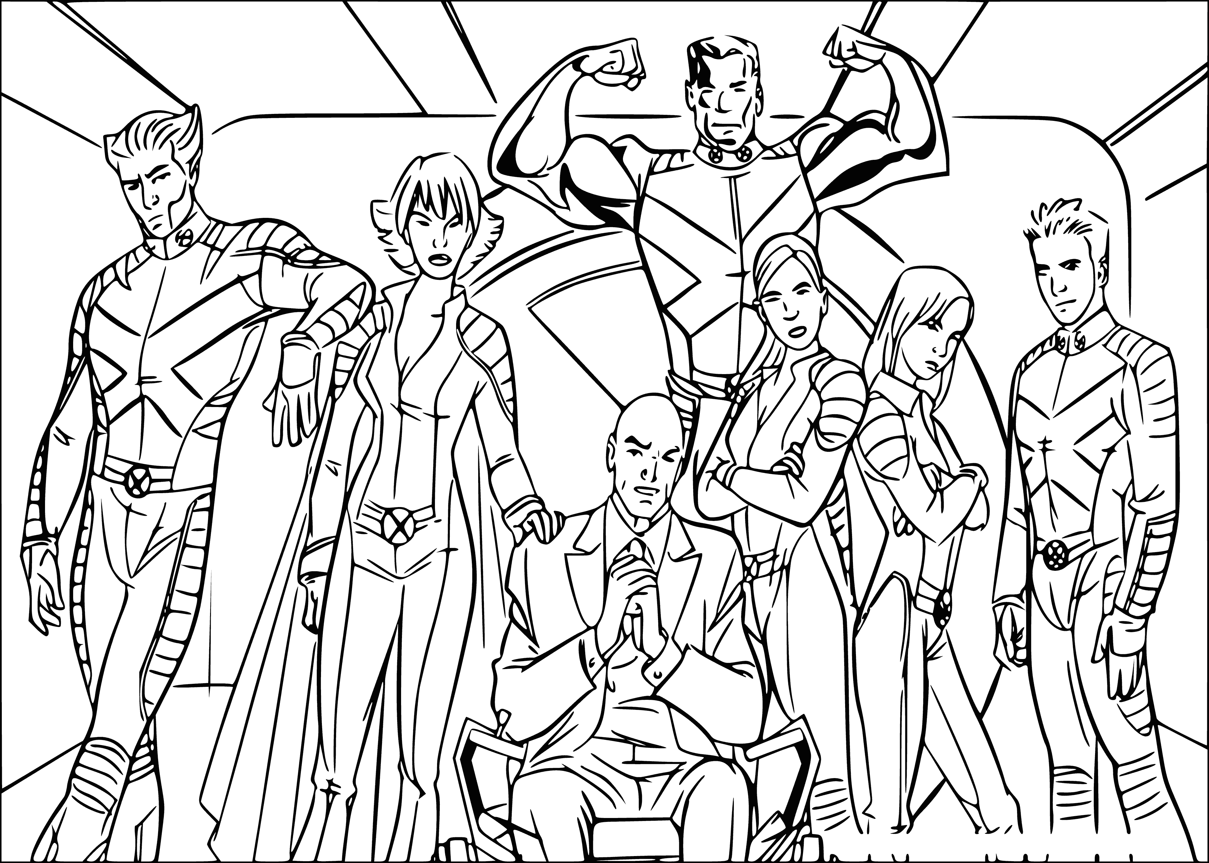 coloring page: Awesome coloring page of people in costumes showcasing their superpowers, ready to fight in a cityscape backdrop. #coloring