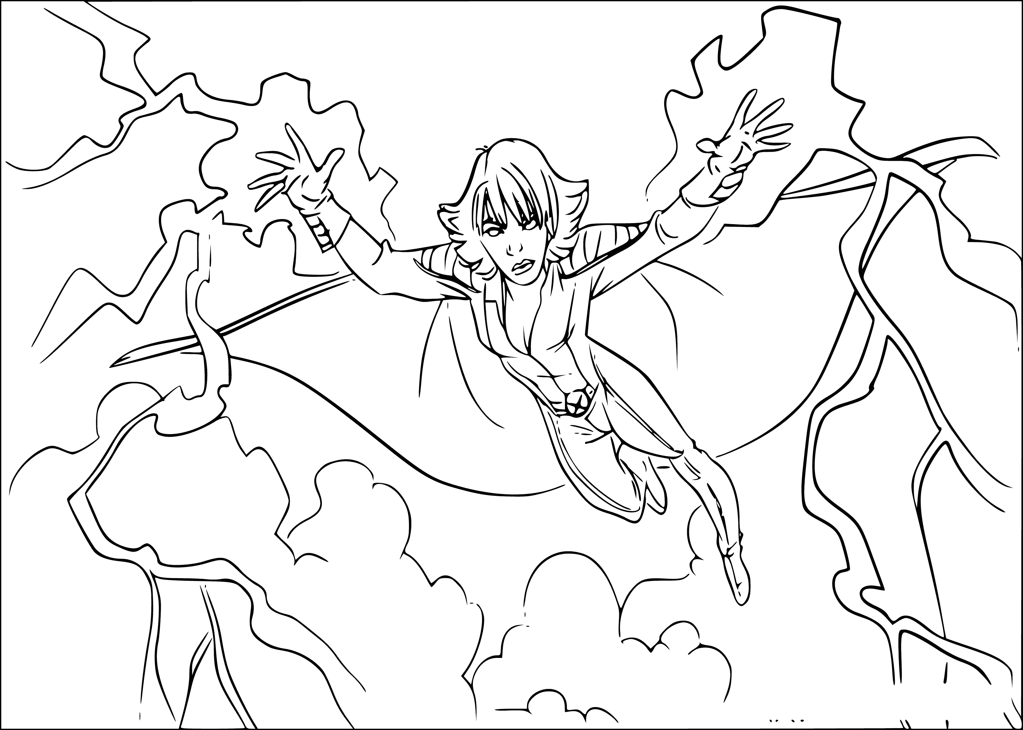 coloring page: Woman in blue and white suit with long cape has eyes closed, arms outstretched. Long white hair.