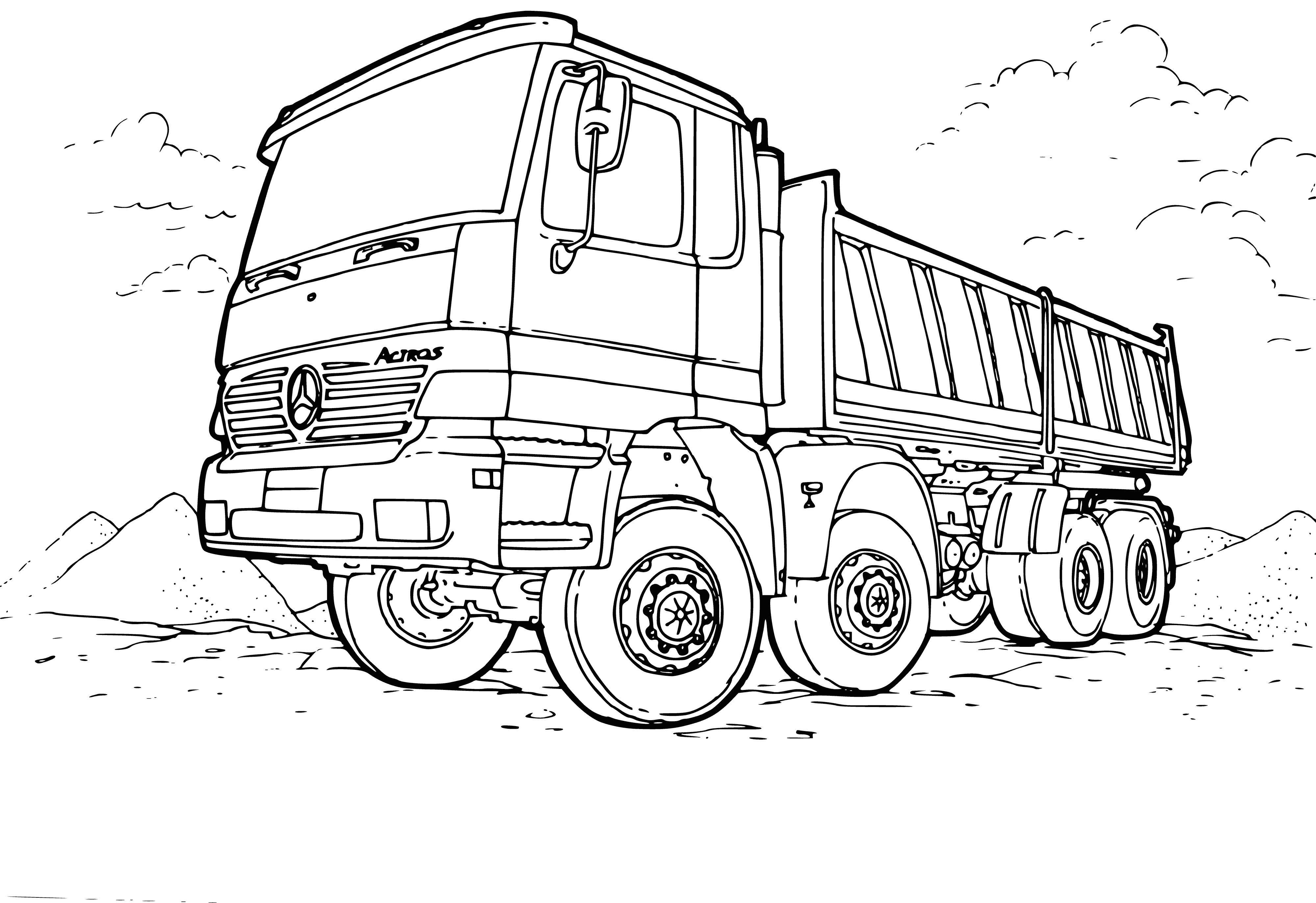 coloring page: A large, red truck is parked on a dirt road in front of a green field, strapped with metal pipes. Silver Mercedes Benz logo in front. Trees in distance.