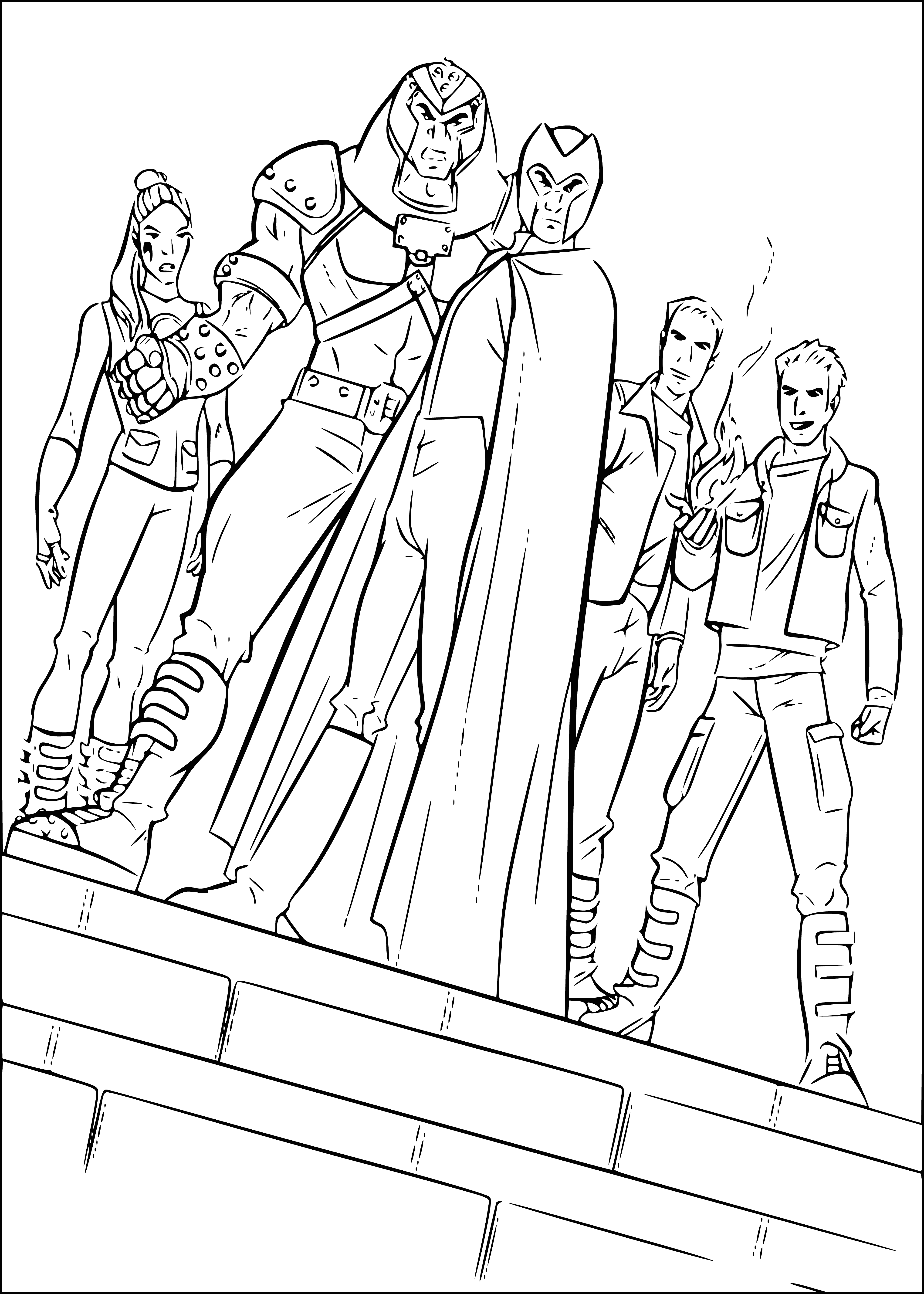 coloring page: Man in metal suit holds metal ball and is standing on metal platform, while another lies on the ground, stabbed with a metal rod, wearing blue suit and mask. Eyes of man in metal suit glow red.