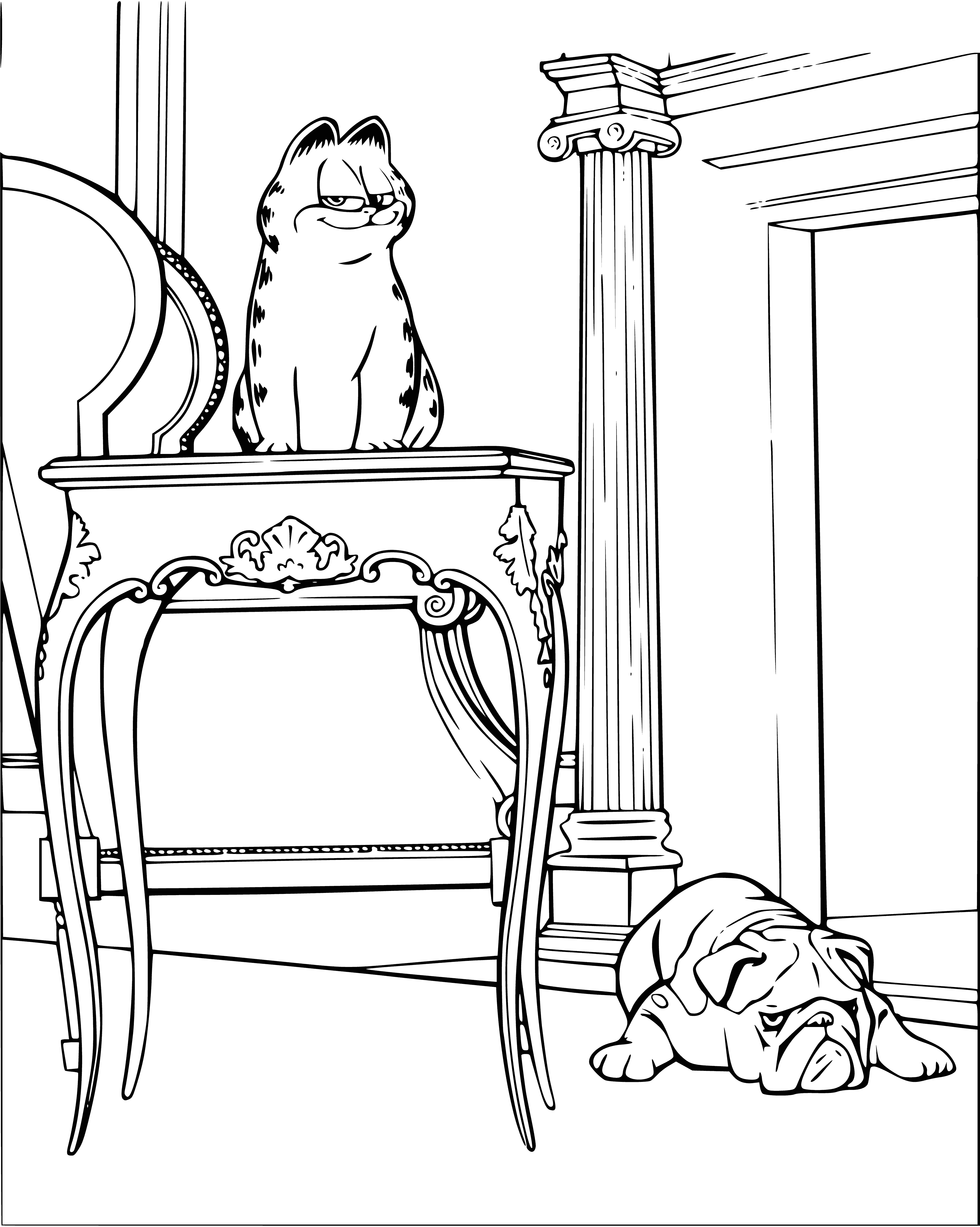 coloring page: Cartoon cat Garfield sits bored on a happy dog with tongue out on a coloring page.