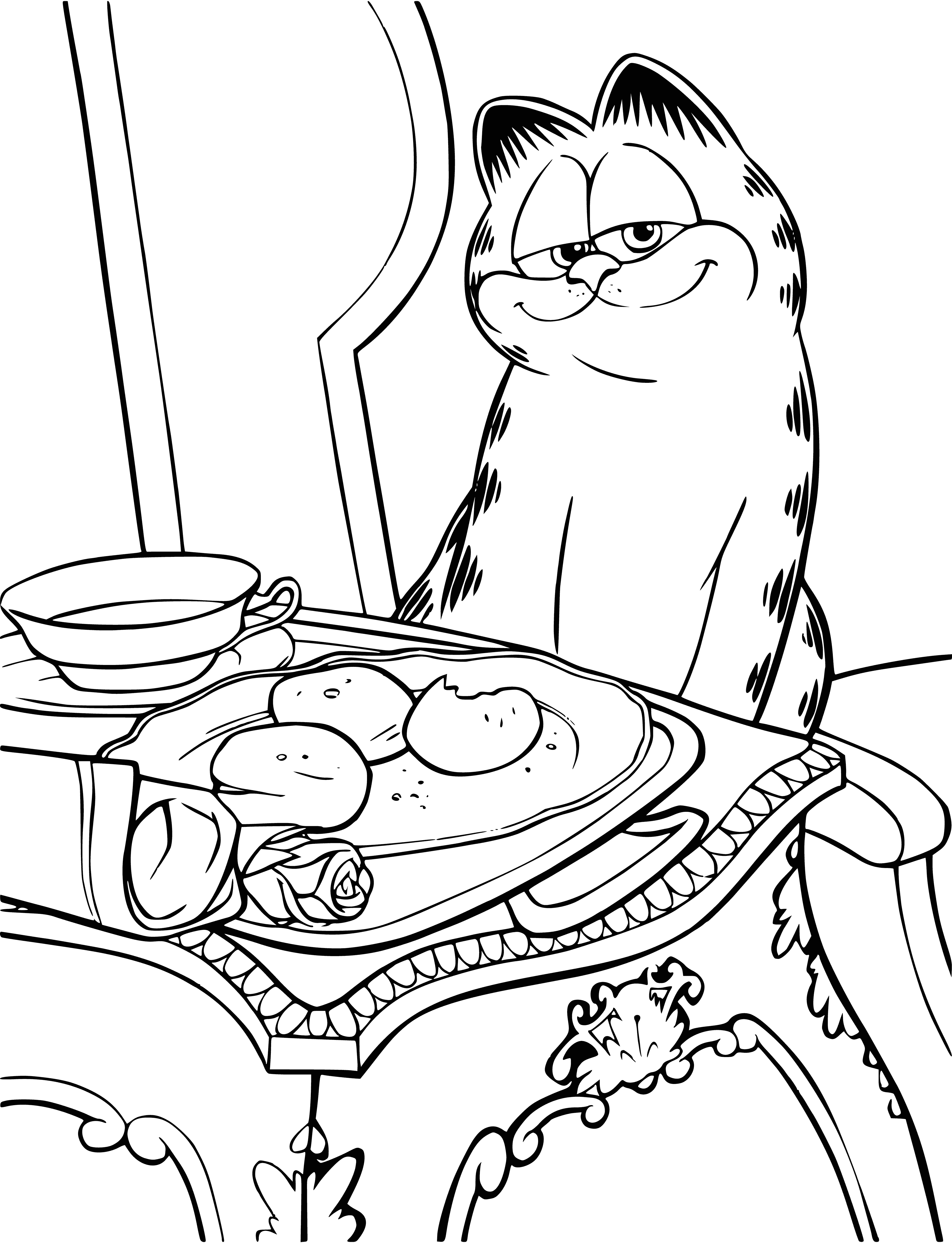 coloring page: Garfield sits at a table eating pancakes, orange juice and drinking coffee - with a newspaper next to him.