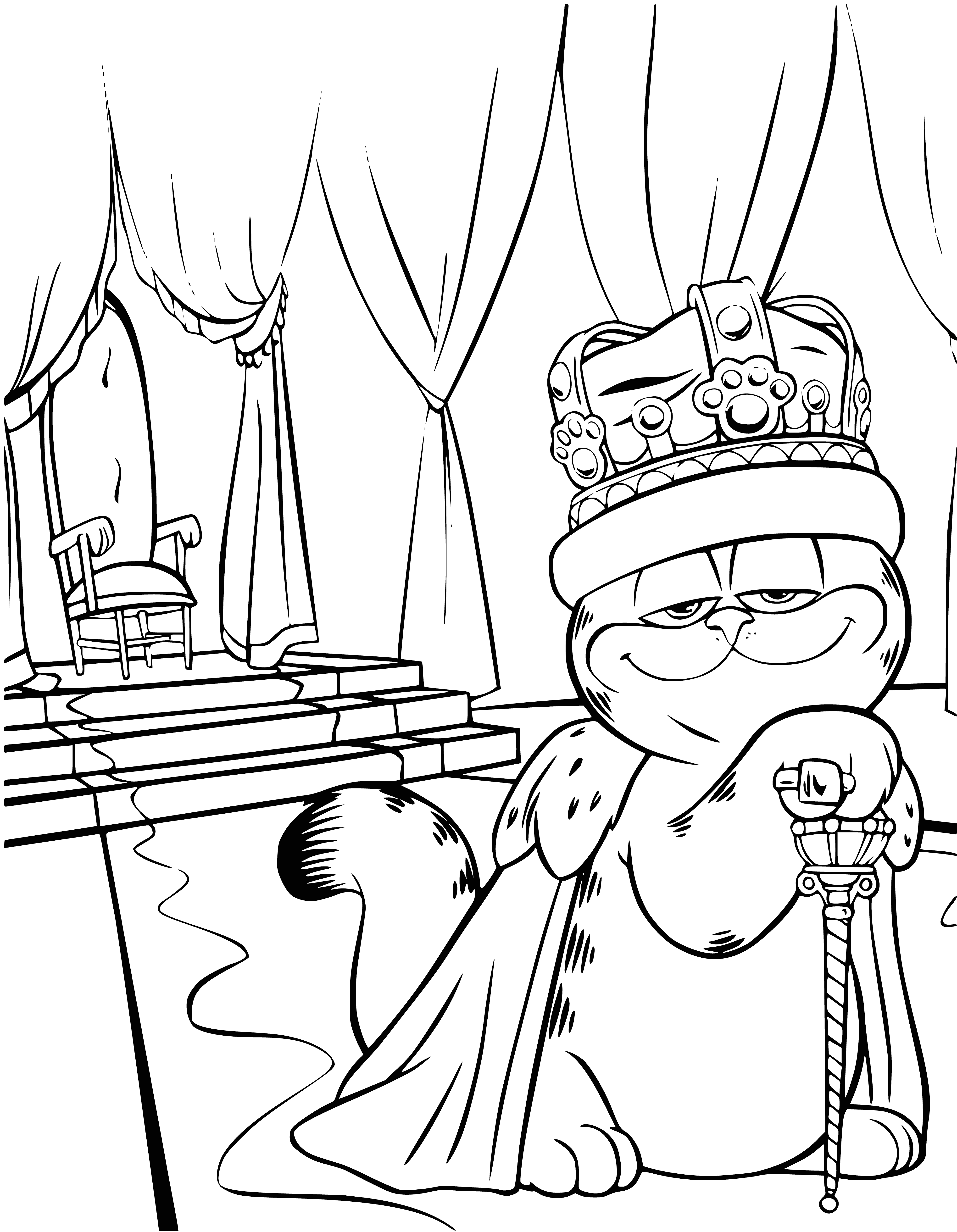 coloring page: Garfield stuffed animal sits on a blue pillow wearing a crown and cape, with its orange fur showing.