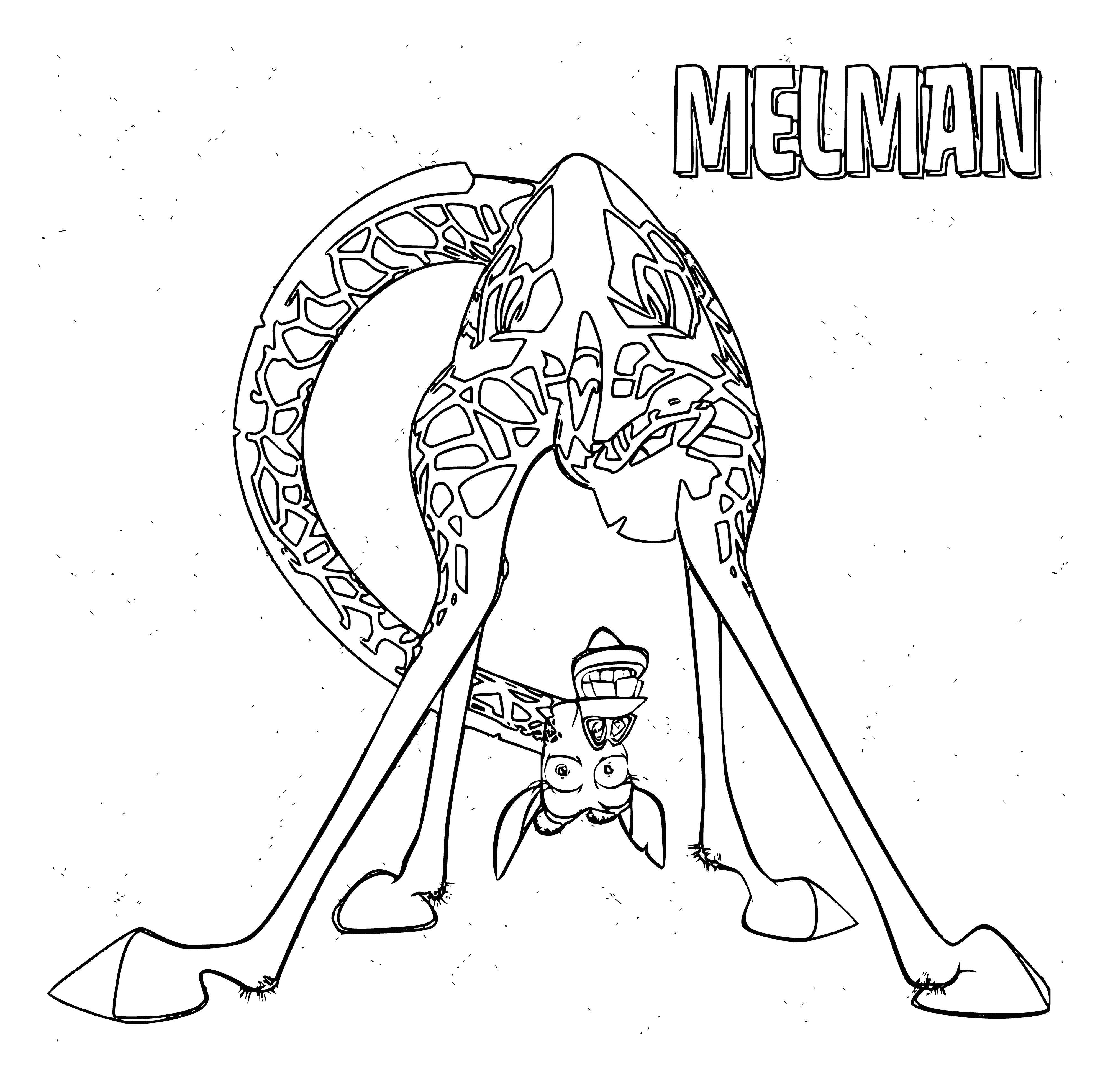 coloring page: Giraffe reaches leaves with its head turned to the side, standing on its hind legs with front legs against tree.
