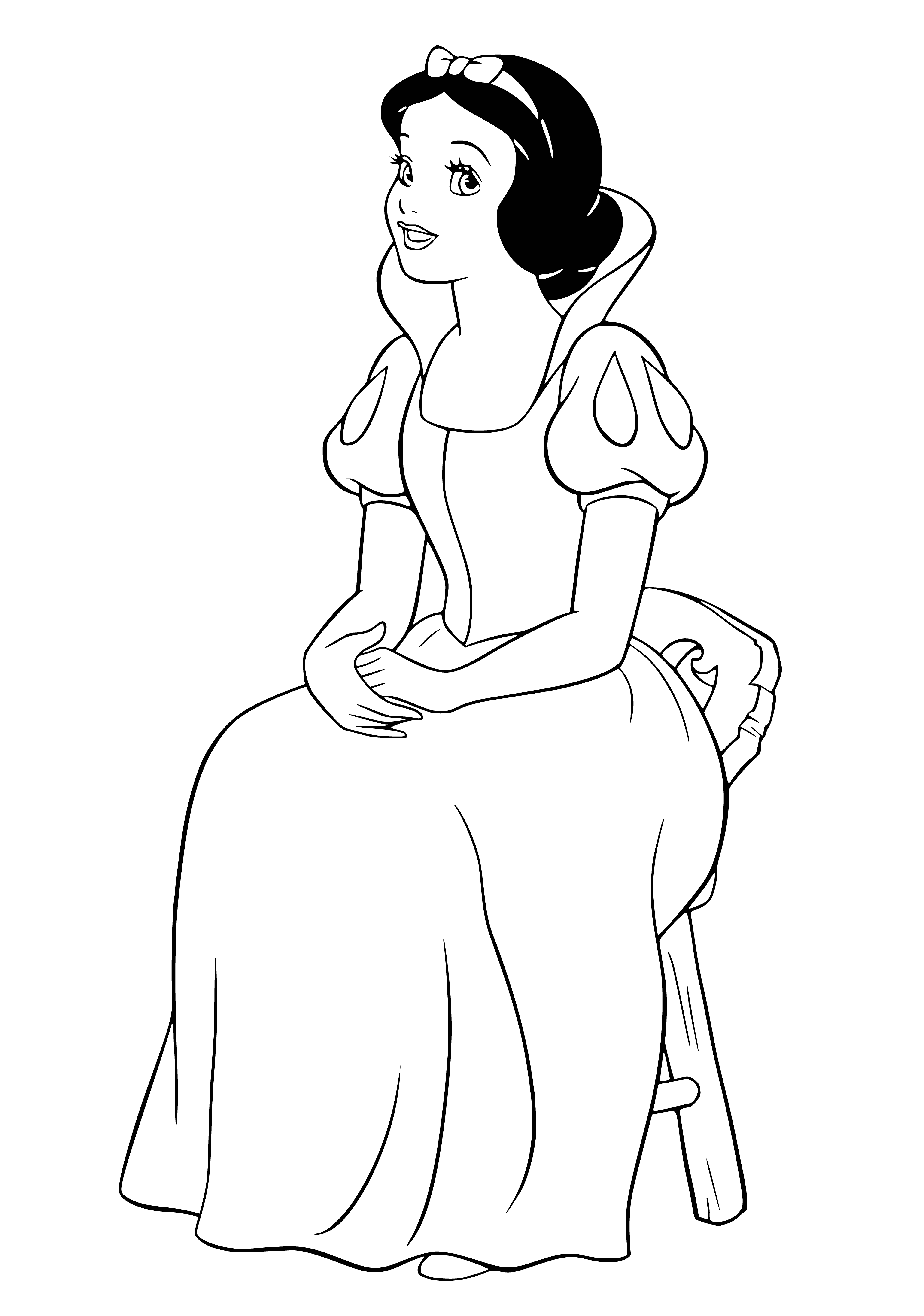 coloring page: Snow White stands before seven small men in a blue and white dress with a red bow, her black, curly hair adorned with a red apple.