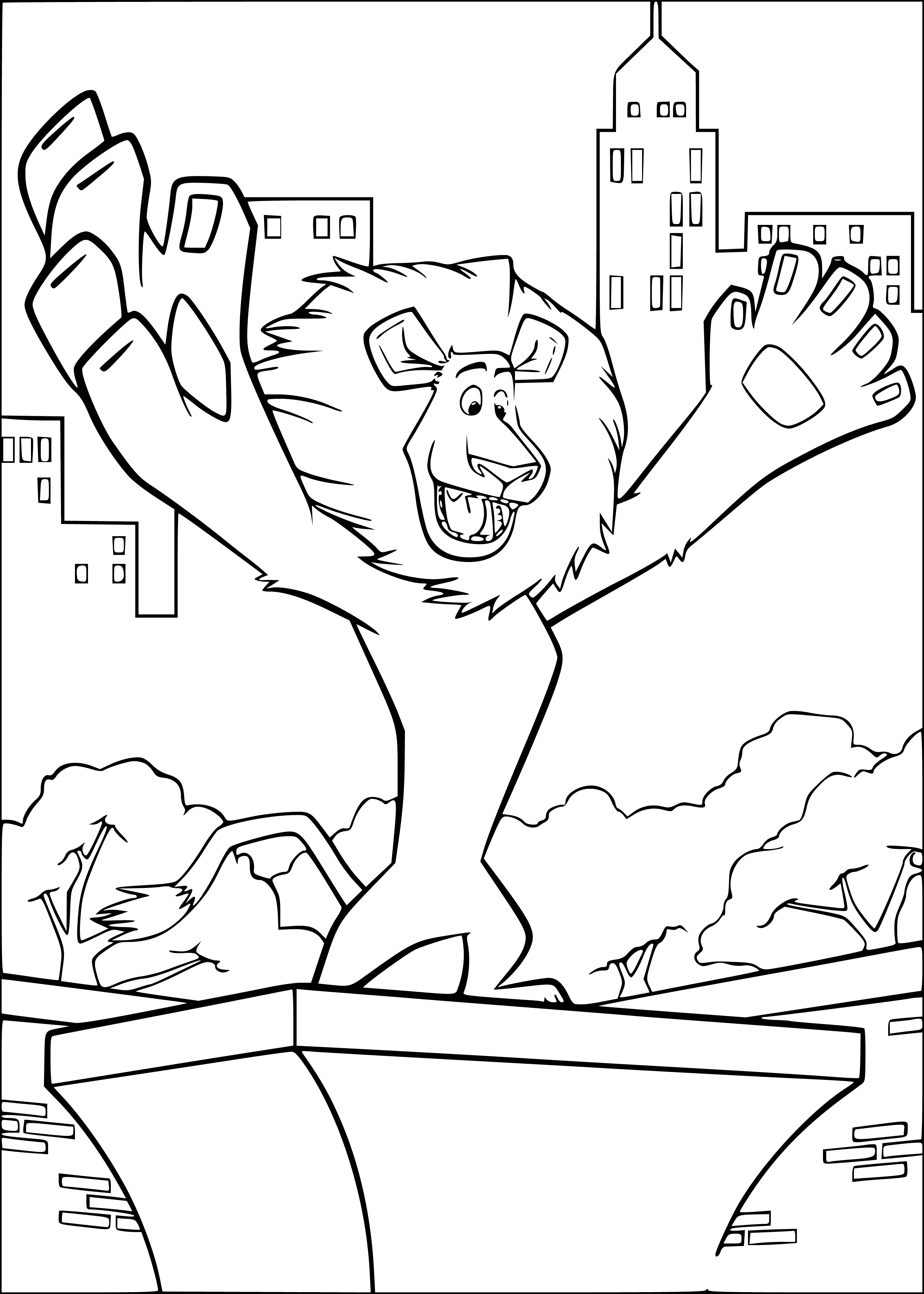 coloring page: Alex the alligator stands with arms outstretched in an orange, green, and purple outfit with a yellow star - perfectly toothy grin!