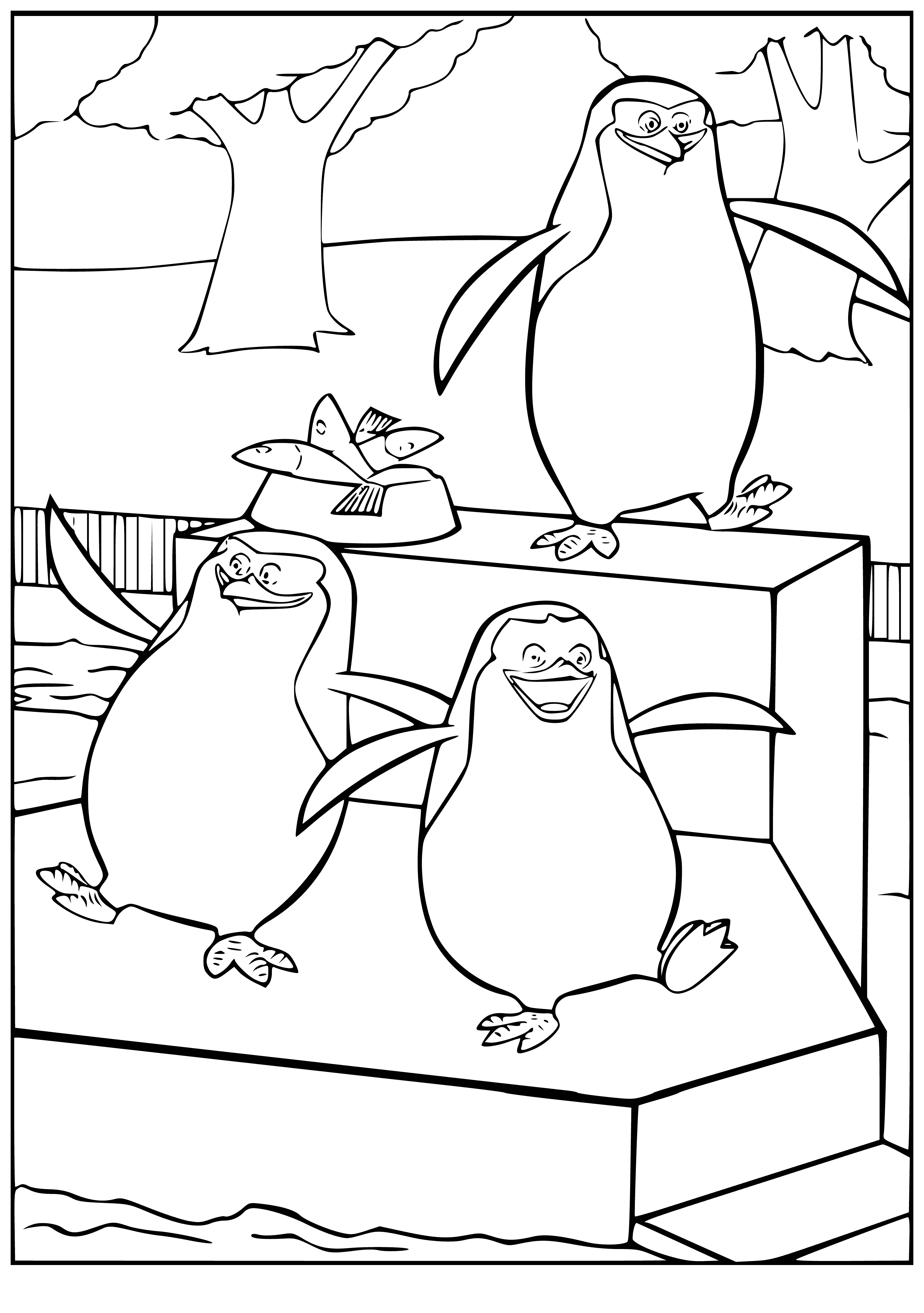 coloring page: Group of penguins on a rock in the water amidst bright blue sky & light blue water, with a small island in the distance. #PenguinParadise
