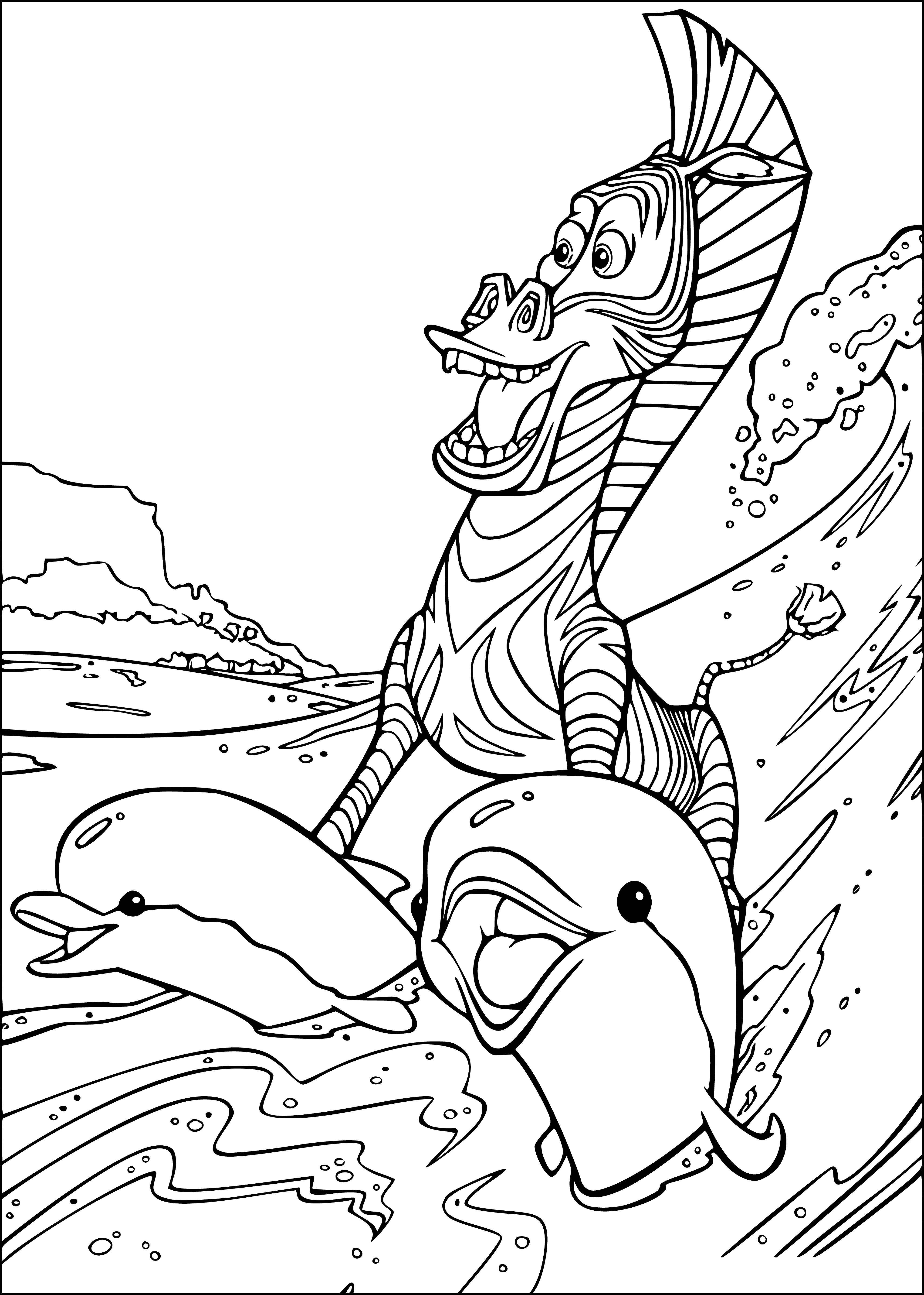 coloring page: A zebra and dolphin frolic in the painting, "Madagascar - Marty and the Dolphins". Blue and white stripes bring color to the wave.