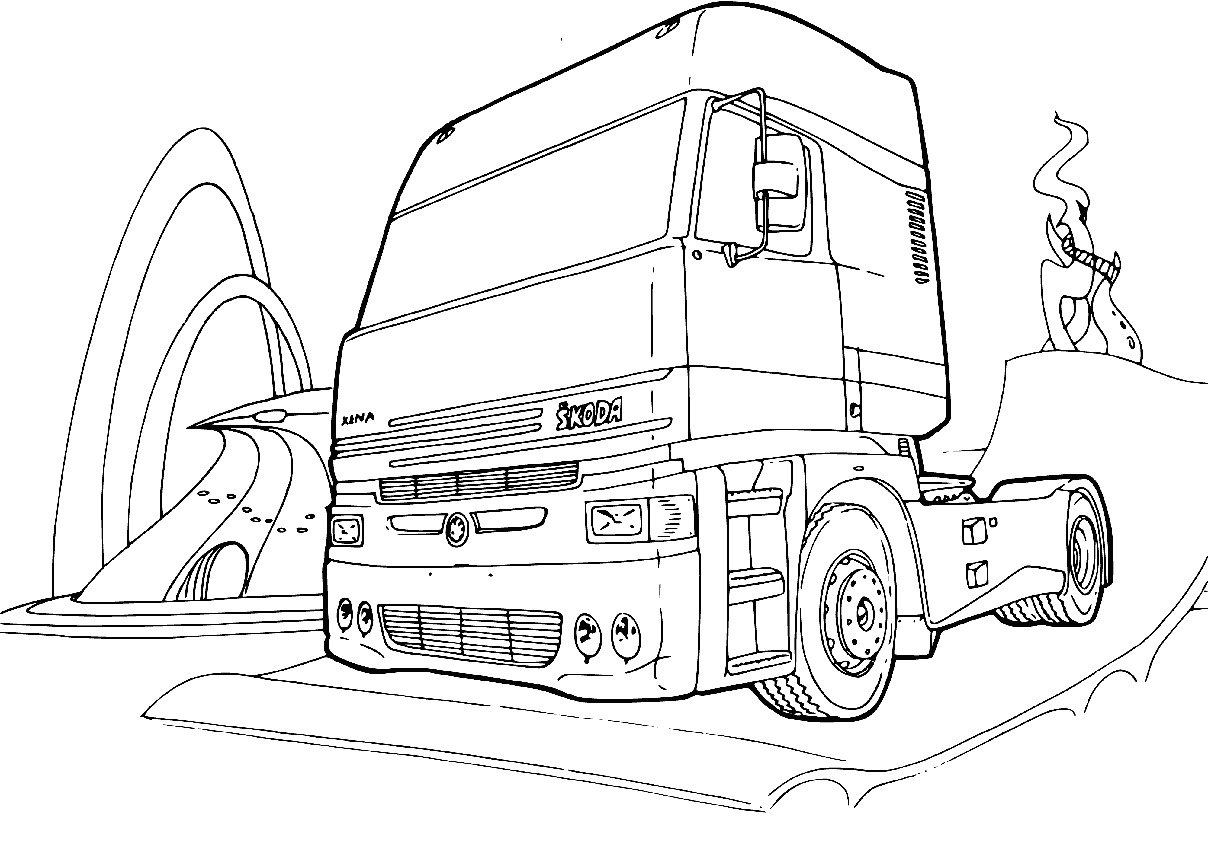 coloring page: Circle of trucks, tractors & dump trucks of all sizes & colors, some w/ headlights on & beds up. #trucks