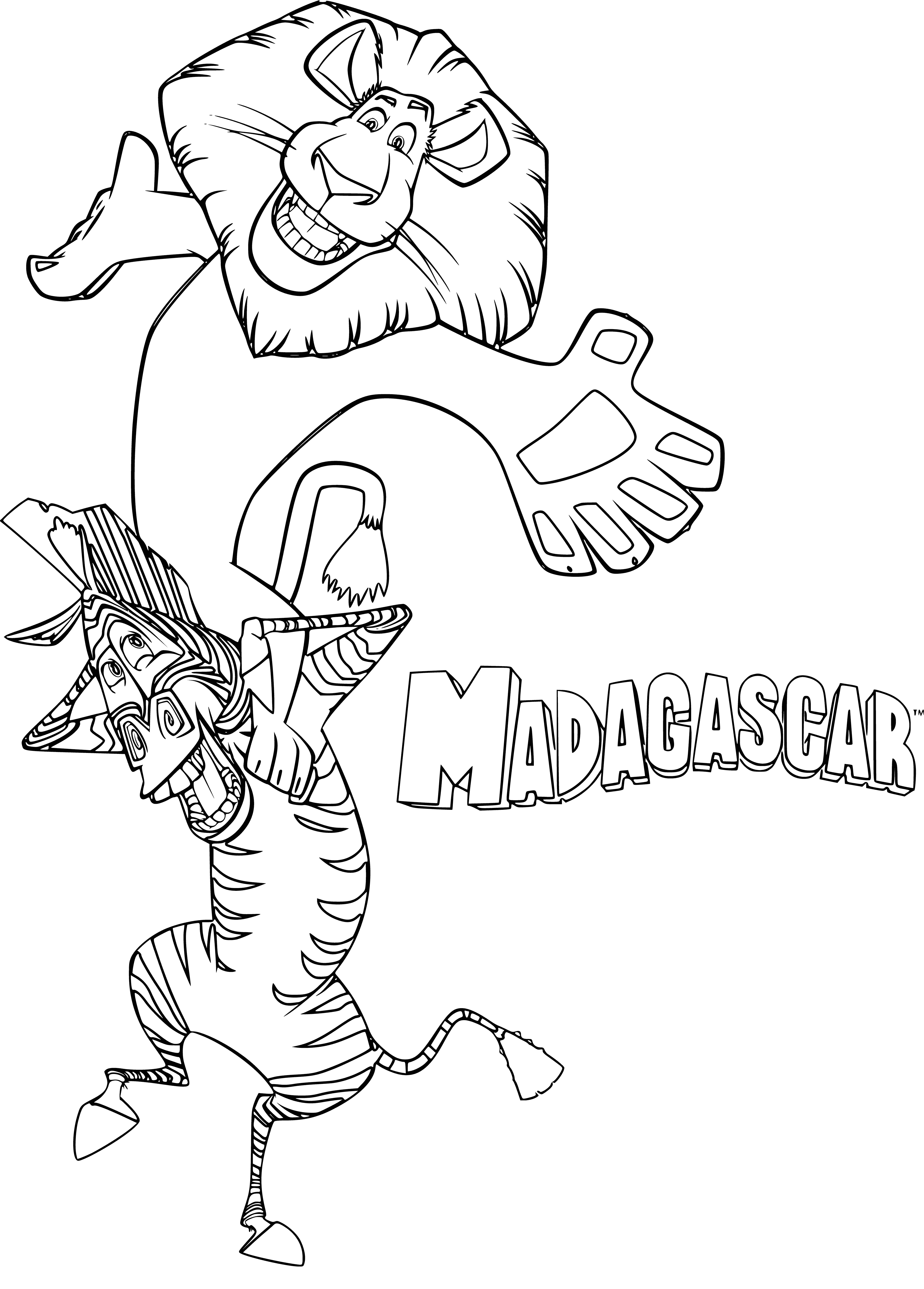 coloring page: Two animals in Madagascar, Marty (lion) and Alex (zebra), stand on a rock at sunset, aglow with a warm orange hue.