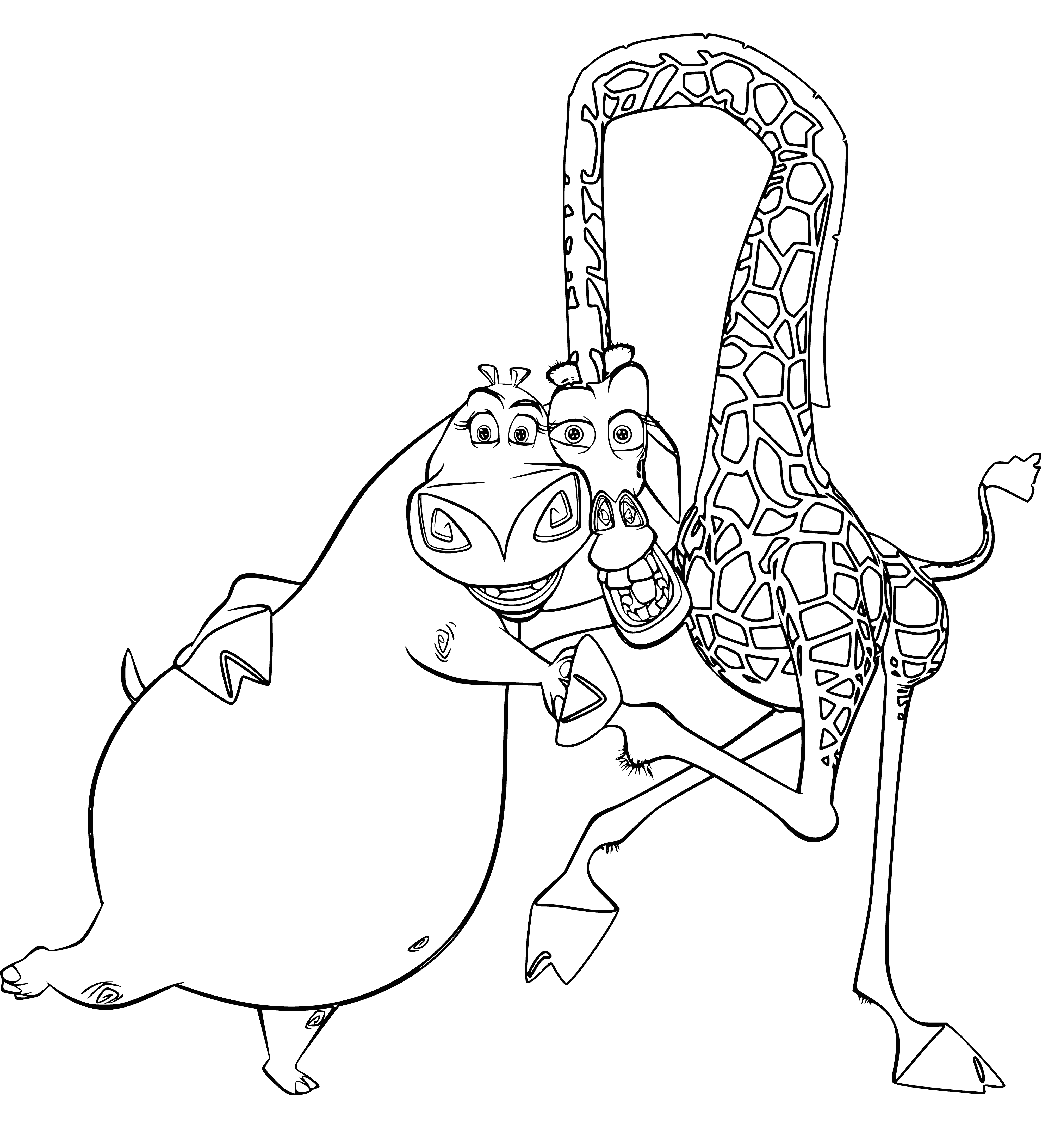 coloring page: Two animals, one threatening, one scared; in the world of Madagascar.