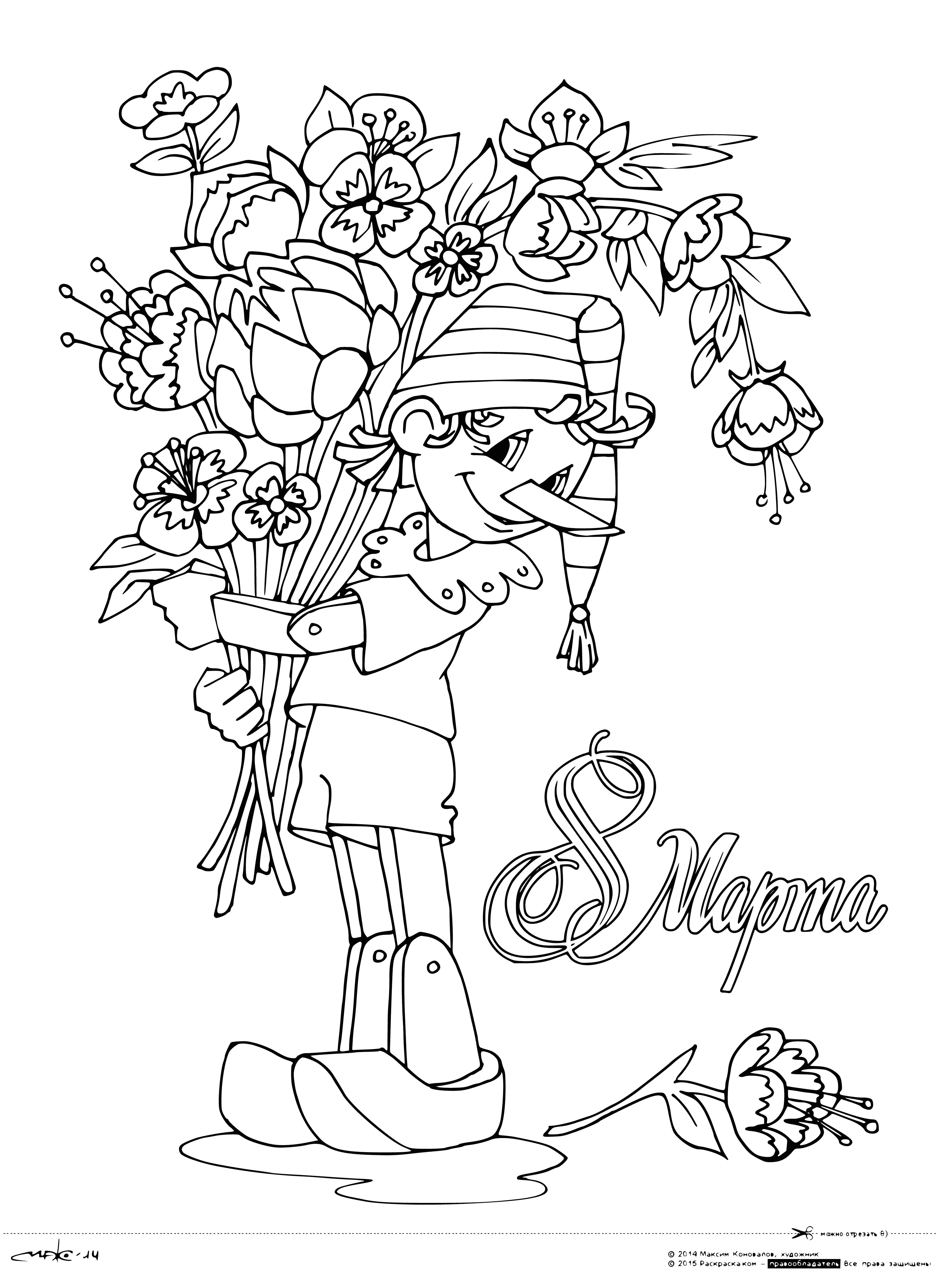 coloring page: Pinocchio gives bouquet to smiling woman on Int'l Women's Day; she has hand on her chest, wearing blue dress & white scarf.