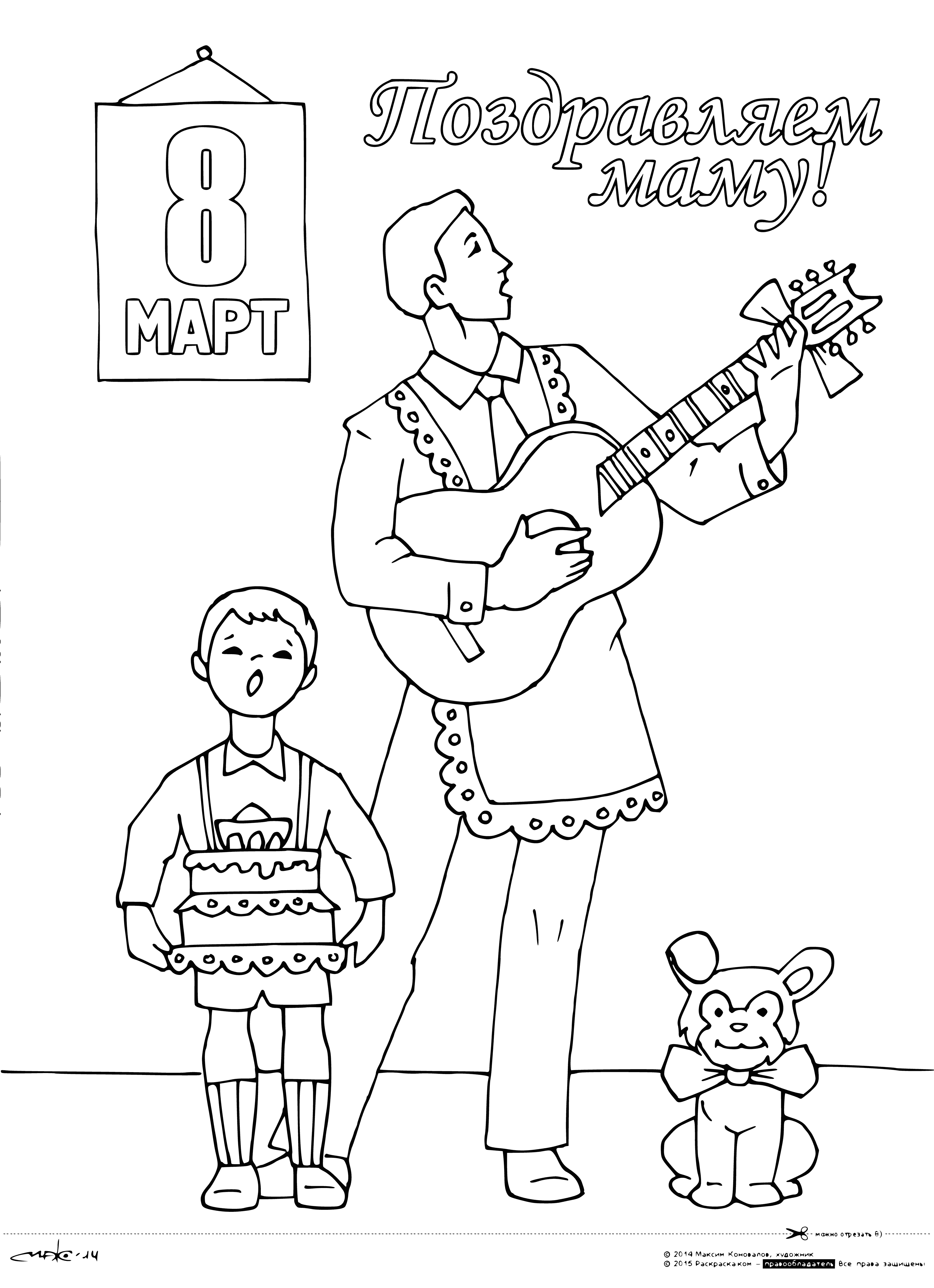 coloring page: Woman stands in front of brick house wearing white shirt, blue skirt, holding flowers & card saying "Congratulations to mom!".