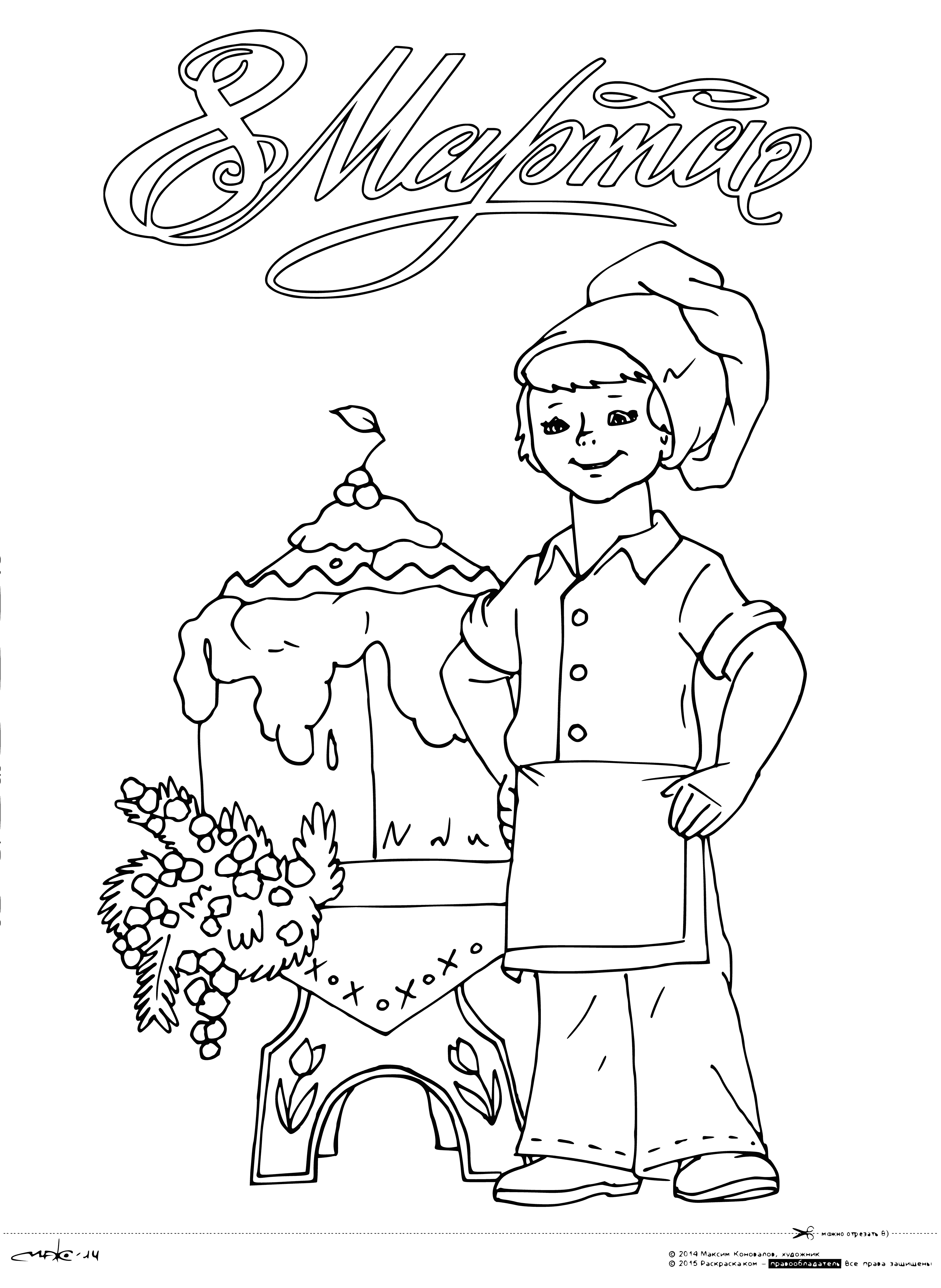 coloring page: Woman stands at table w/cake and candles, holding lighter as text says "Congrats Mom for Int'l Women's Day" #InternationalWomensDay