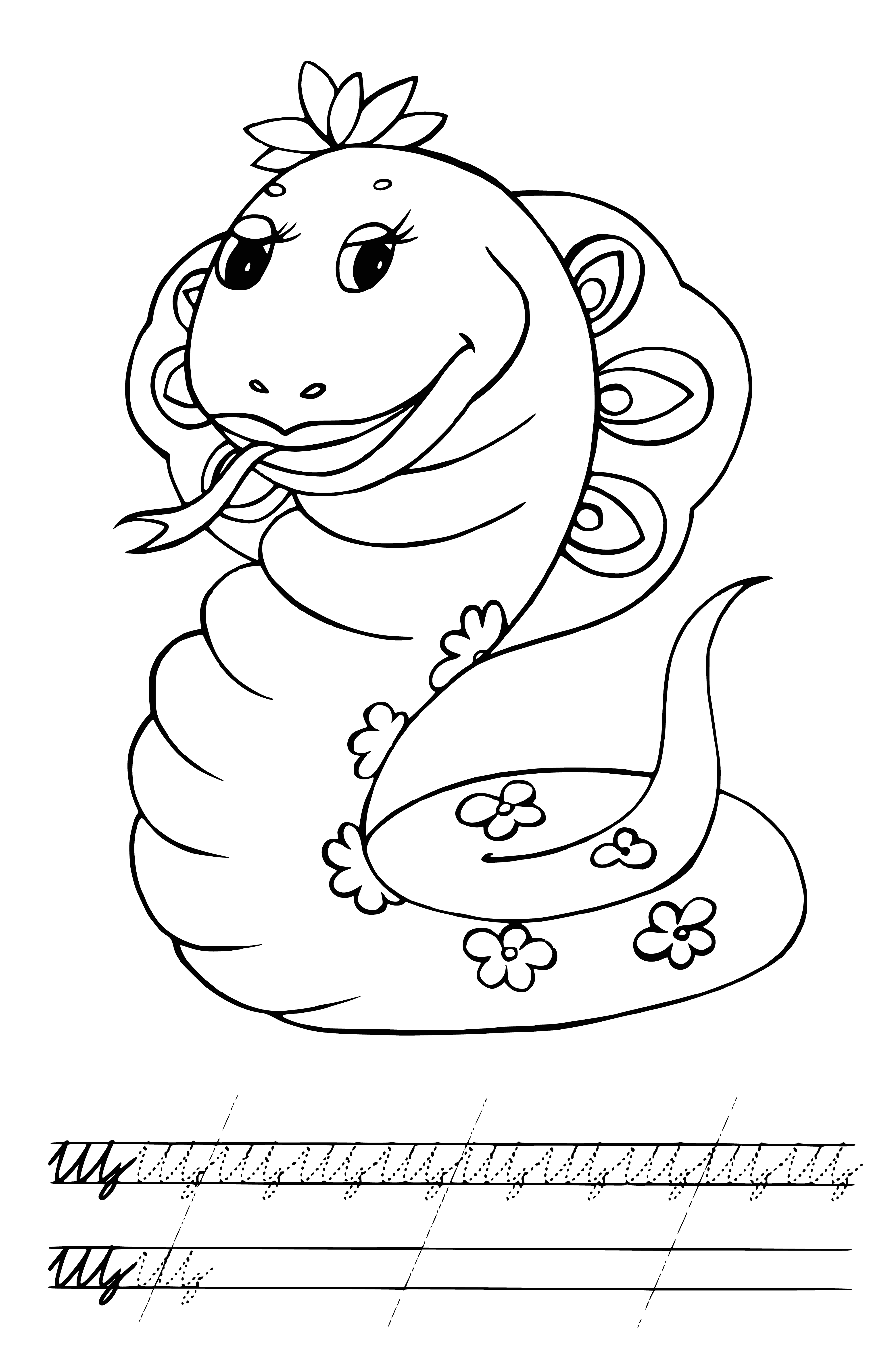 coloring page: A brown and white snake with a thin body and forked tongue curls on the ground, with small black eyes.