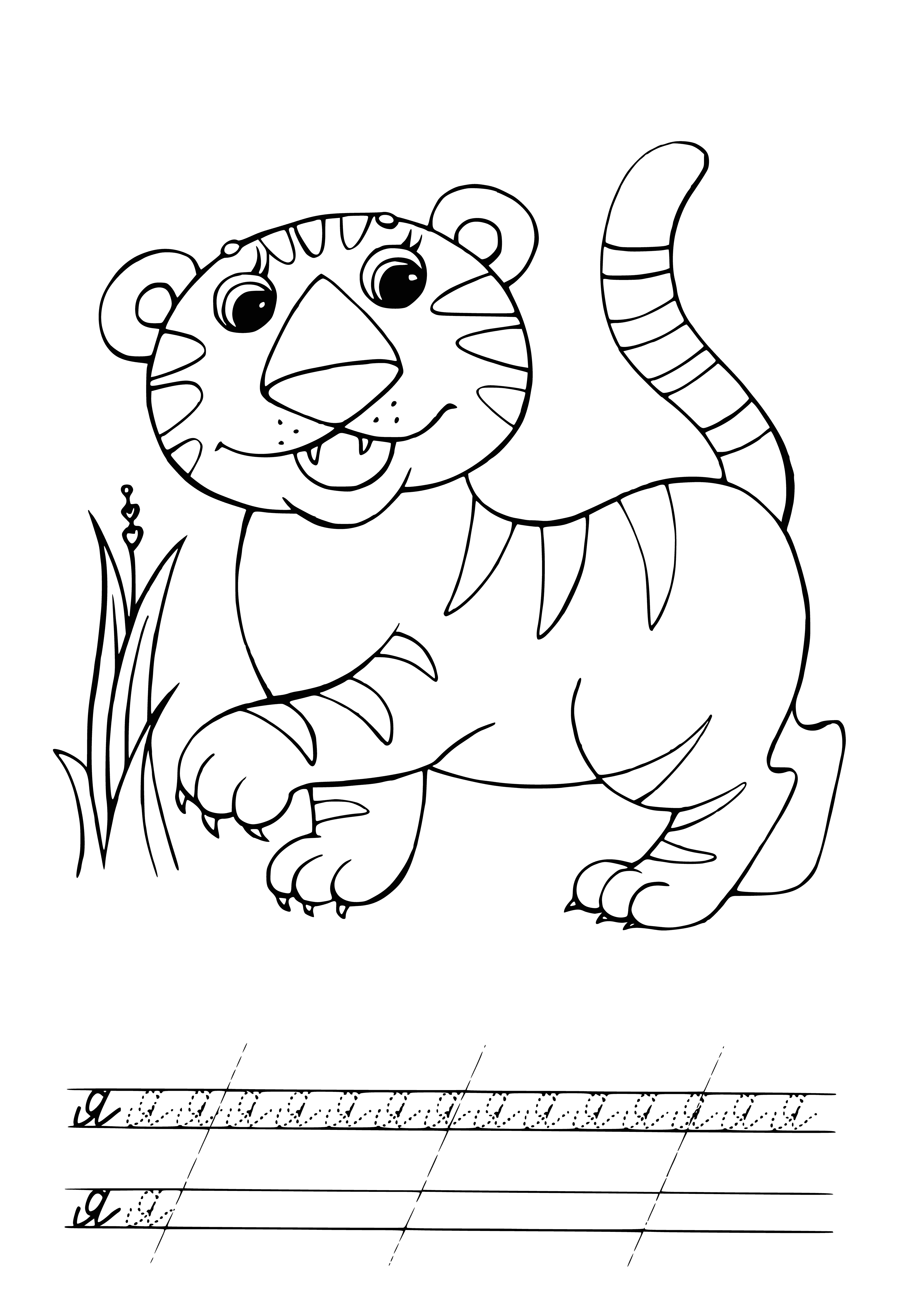 coloring page: A tiger is a large, striped cat found in Asia & Africa with sharp claws & teeth.