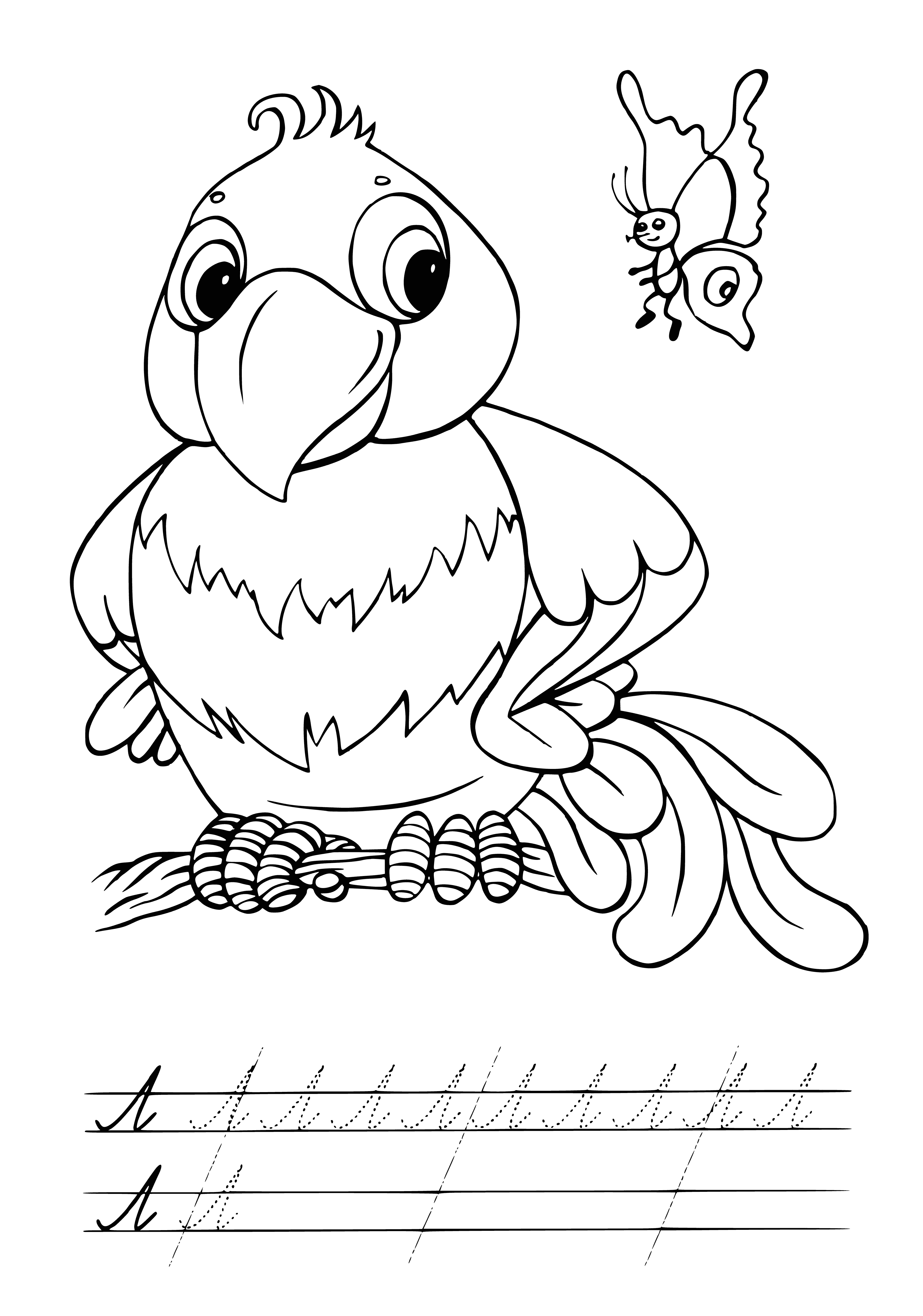 coloring page: Parrot with yellow/green feathers, black beak, and orange feet perched on branch. #birds