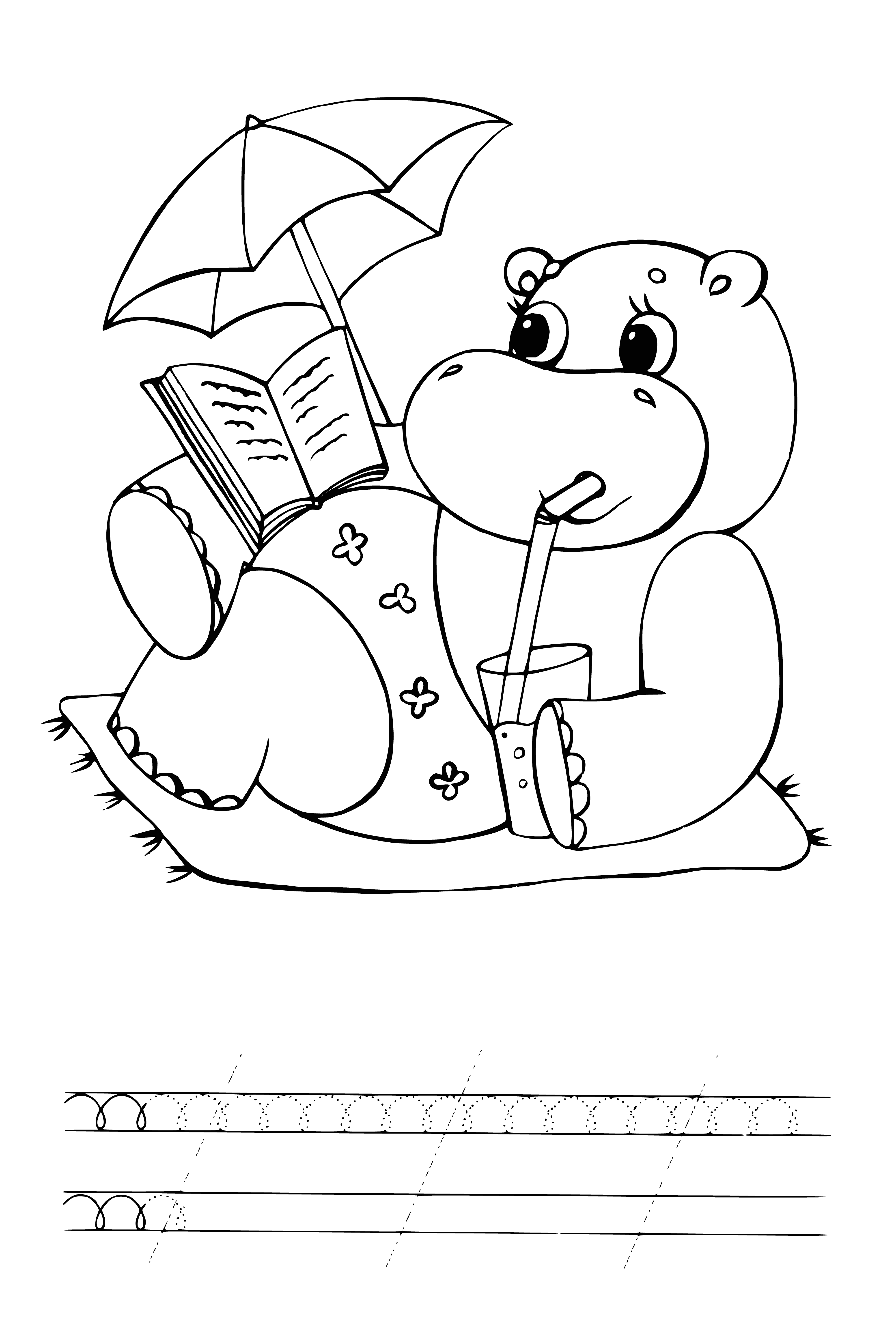 coloring page: Huge gray mammal w/ short legs, large head, wide mouth, warts, small eyes & ears, sharp teeth.