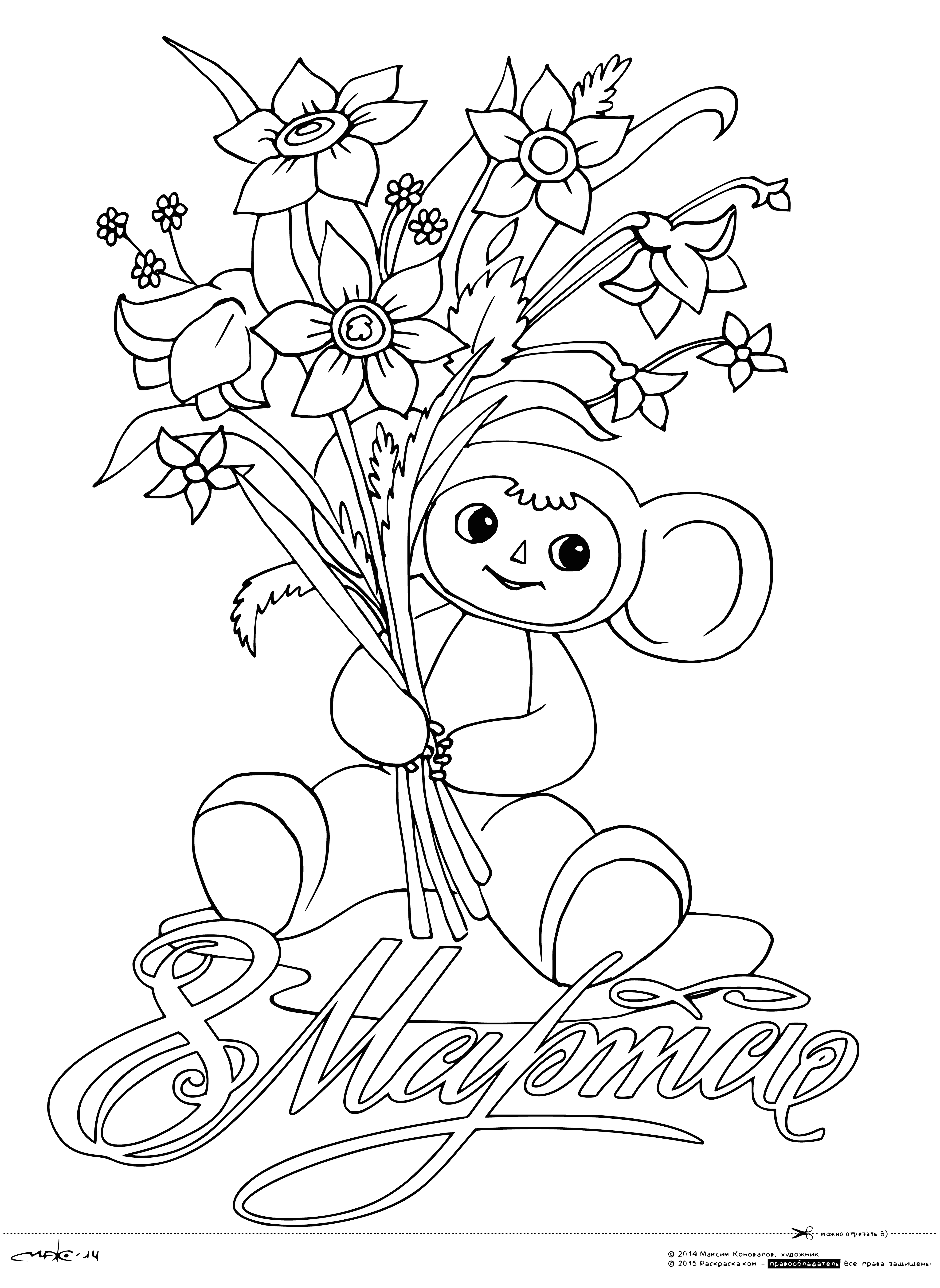 coloring page: Giant blue Cheburashka brings bouquet to smiling woman in flowered dress - she looks up at him in gratitude.