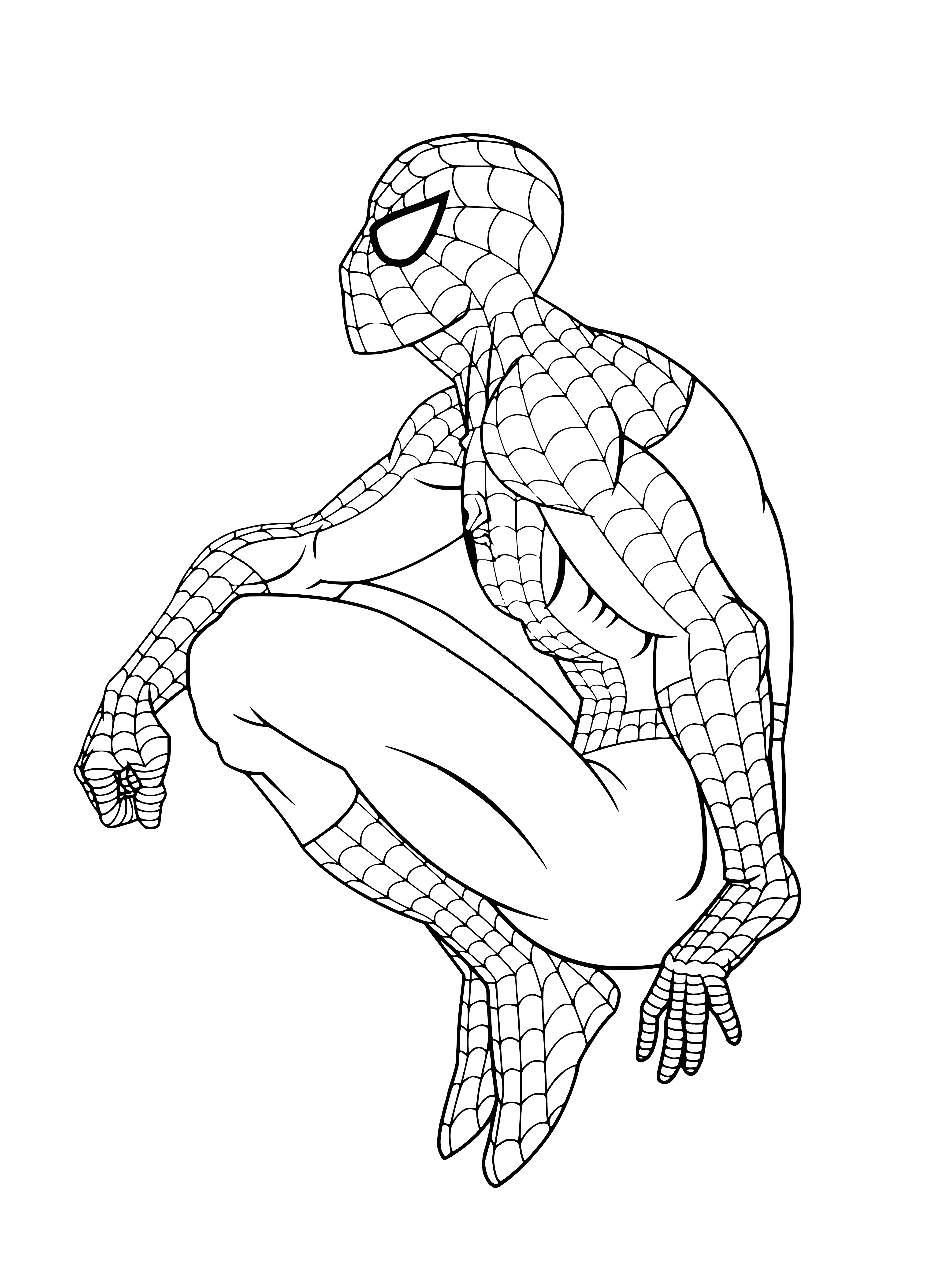 coloring page: Spiderman stands atop a building, masked in red & blue with a billowing cape. A symbol of heroism, determined to protect the city and its citizens. #Spiderman