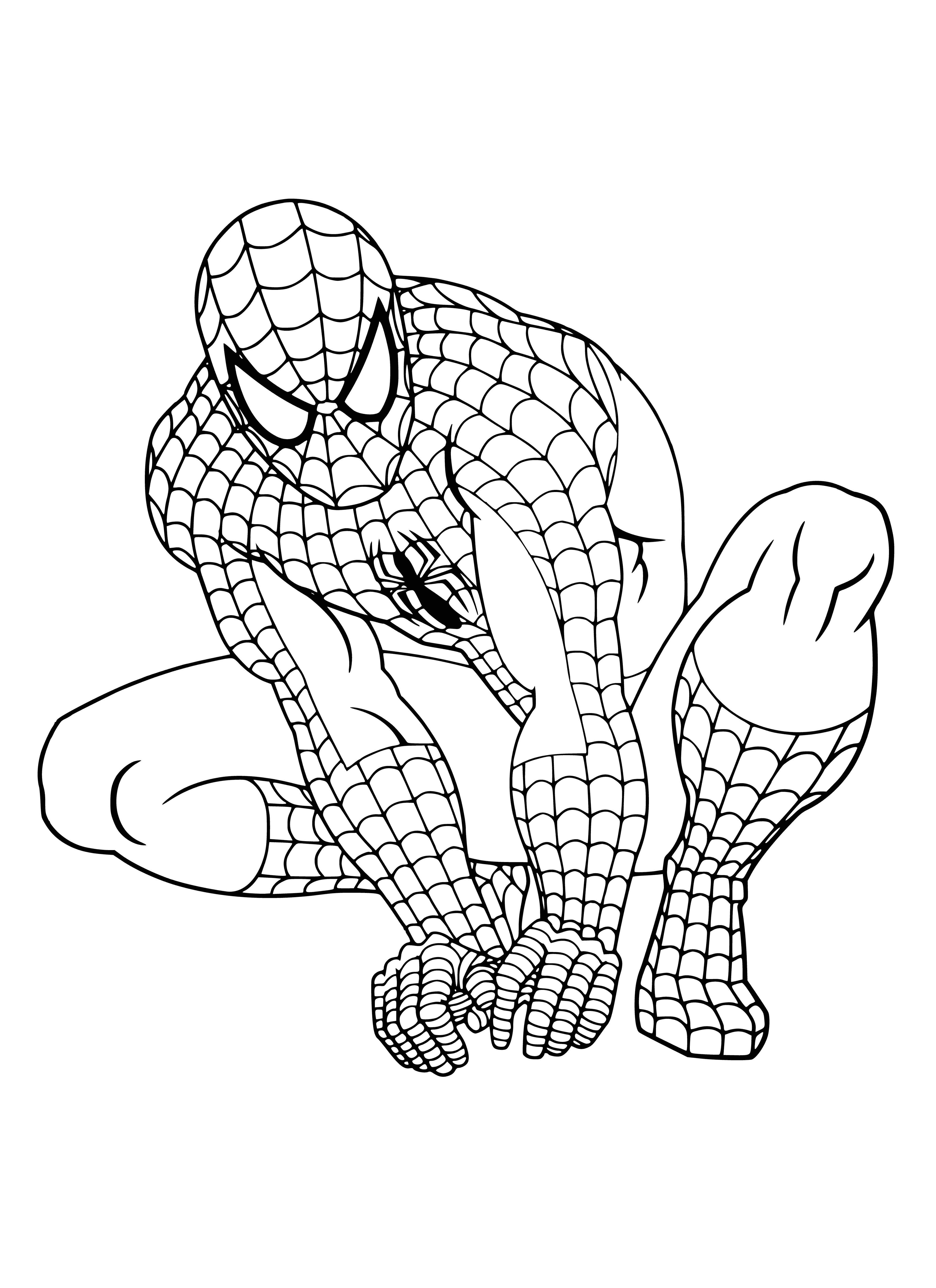 coloring page: Spiderman, Peter Parker, fights crime with superhuman agility & strength wearing red & blue suit & black mask. #Superhero