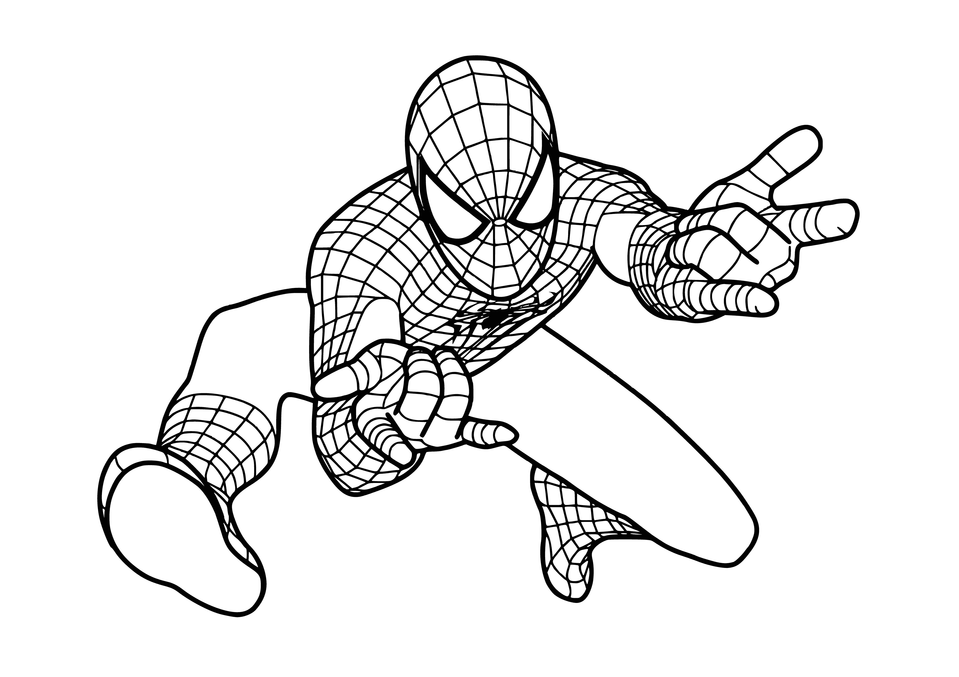 coloring page: Spiderman is a crime-fighting superhero with a red and blue suit, spider symbol and web shooters. He can swing through the city with ease.