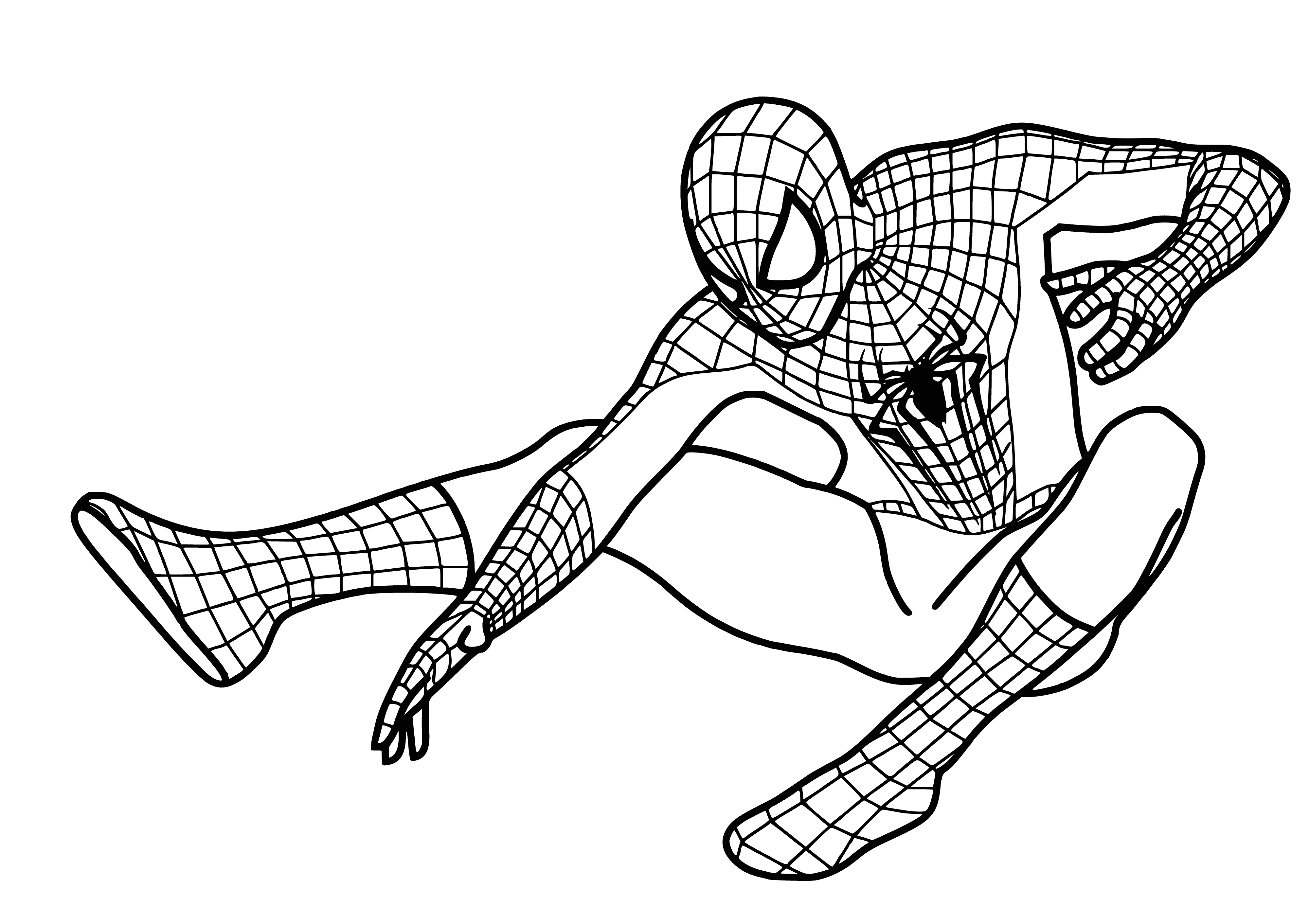 coloring page: Spider-Man climbs building in red and blue suit covered in webbing; wearing black mask with white eyes and holding black and white spider.