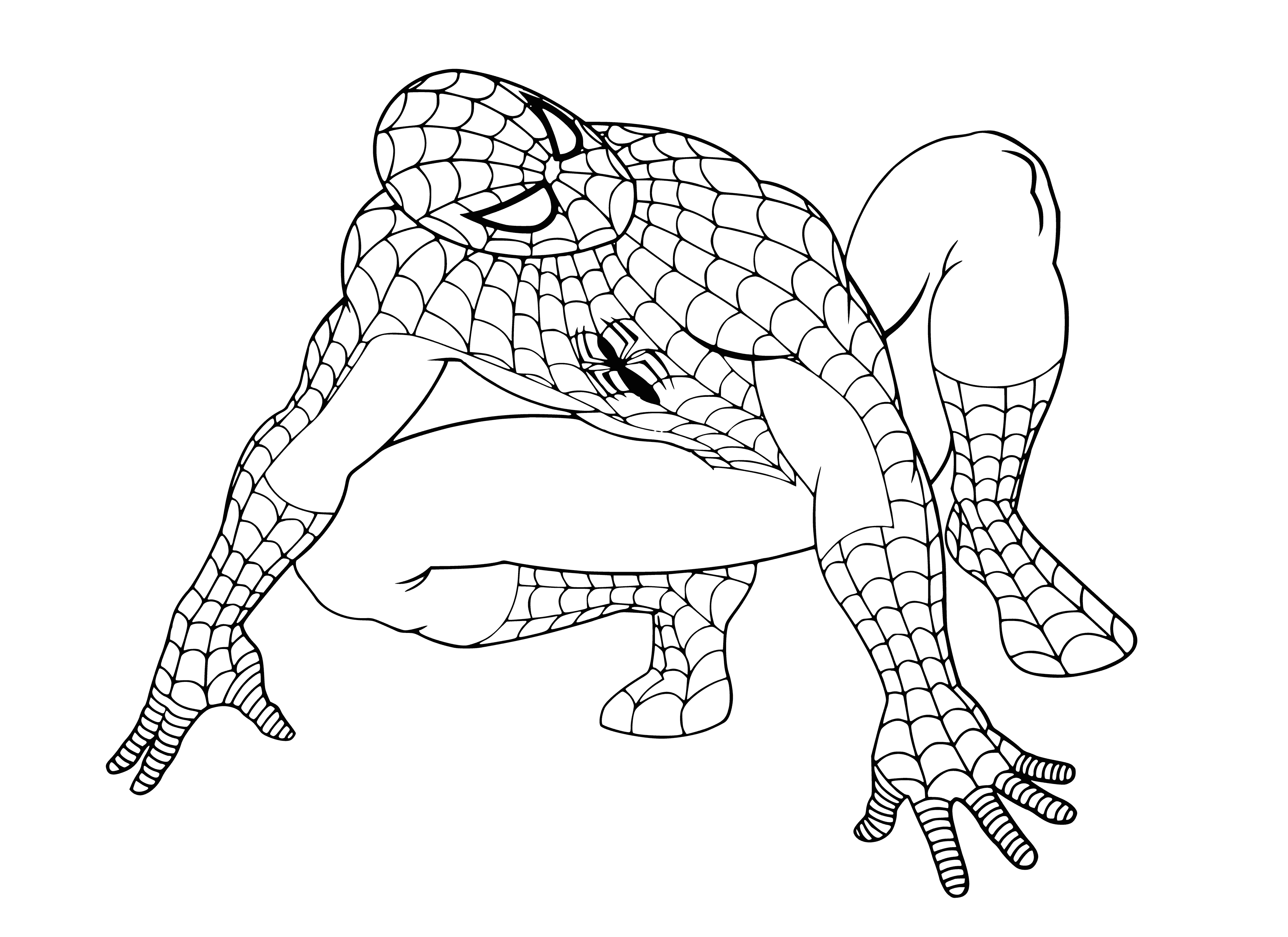 coloring page: Large red/blue spider wearing costume w/white symbol stands on a web between buildings with people & cars in the bg. #creativewriting