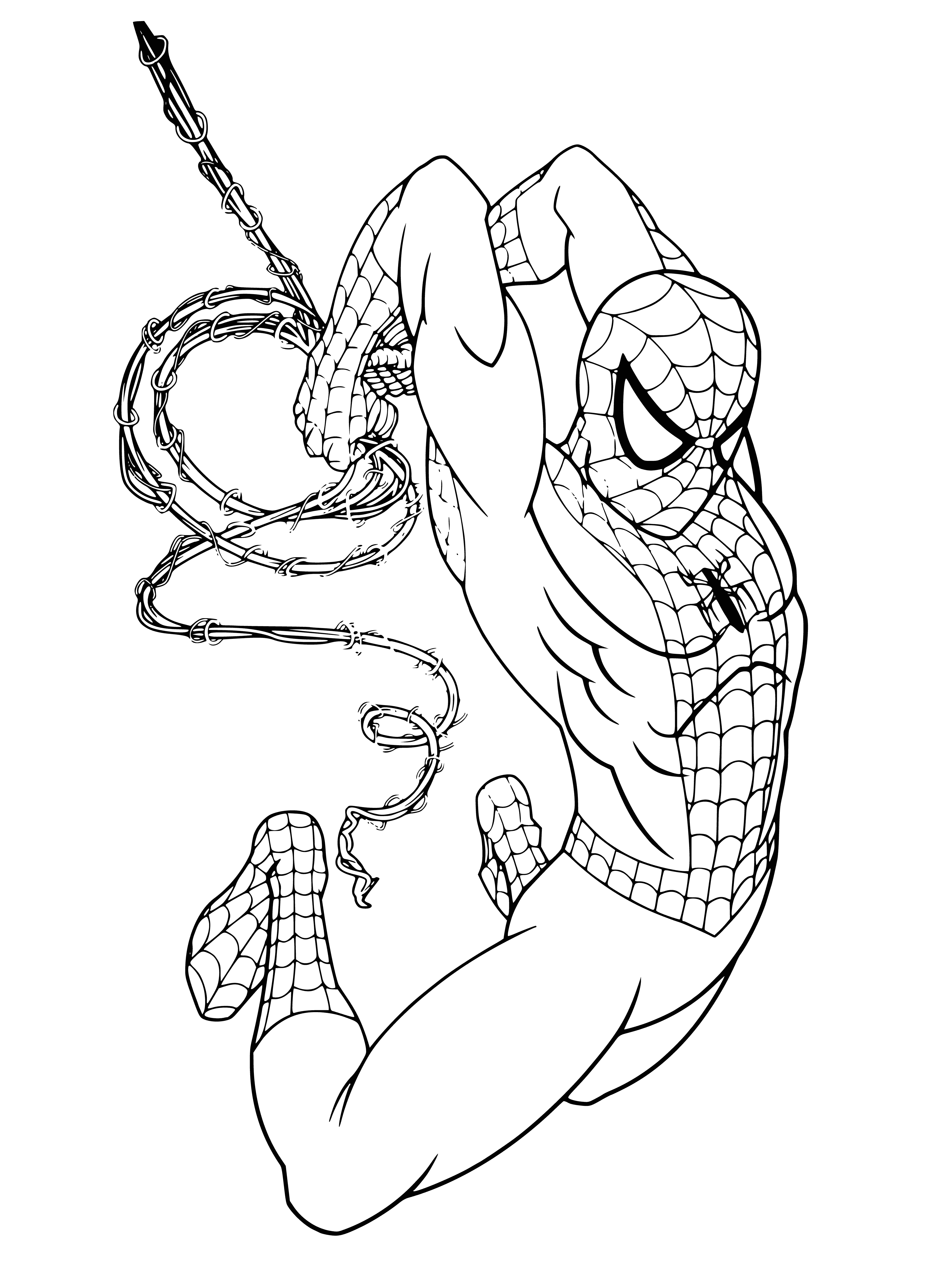 coloring page: Spiderman in a spider costume standing atop a wall, black spider on chest, red on back, red cape, black mask. #superhero