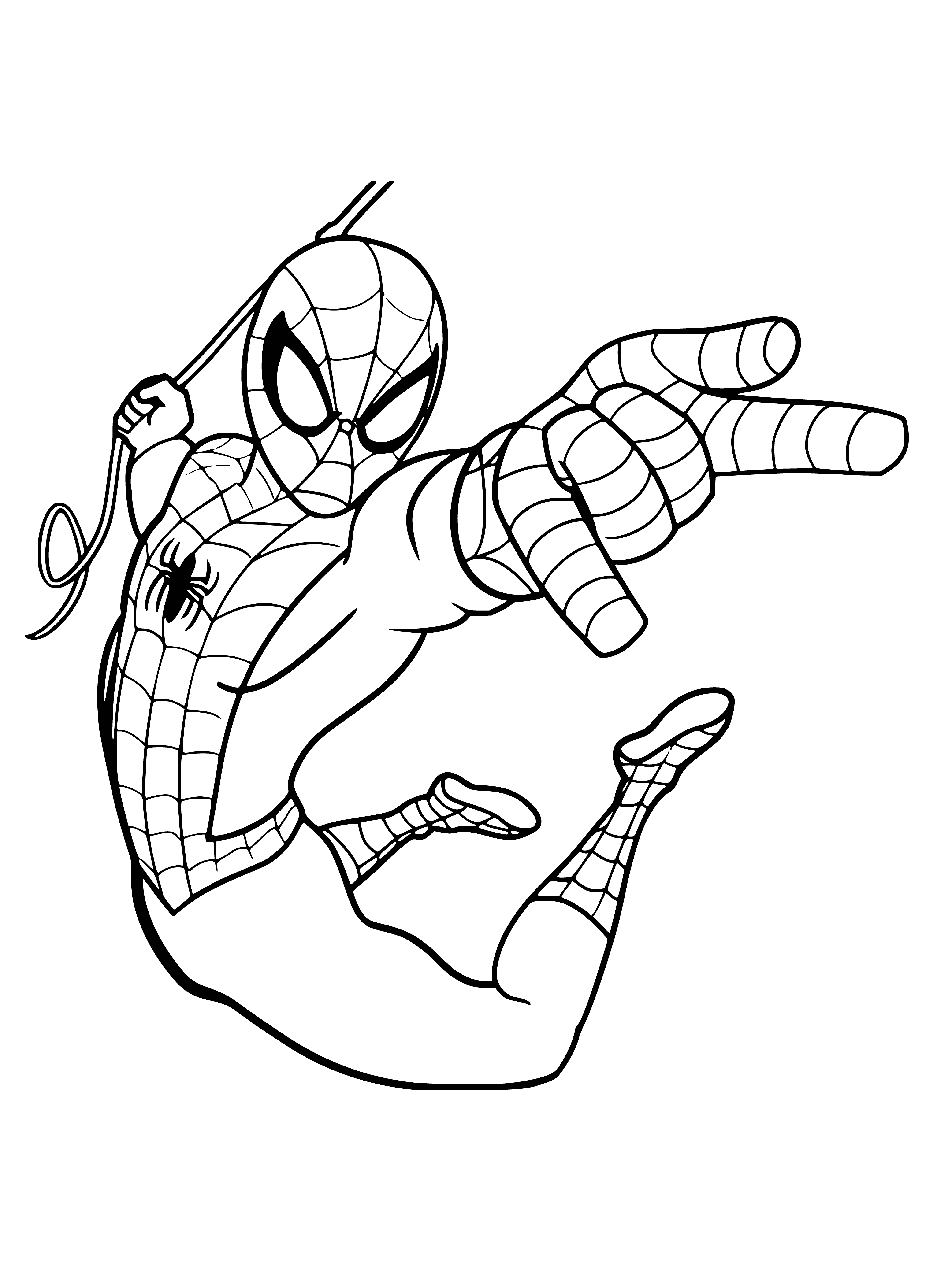 coloring page: Man in red/blue suit holds thin white rope, standing firmly with spider symbol on chest, red mask and black eyes.