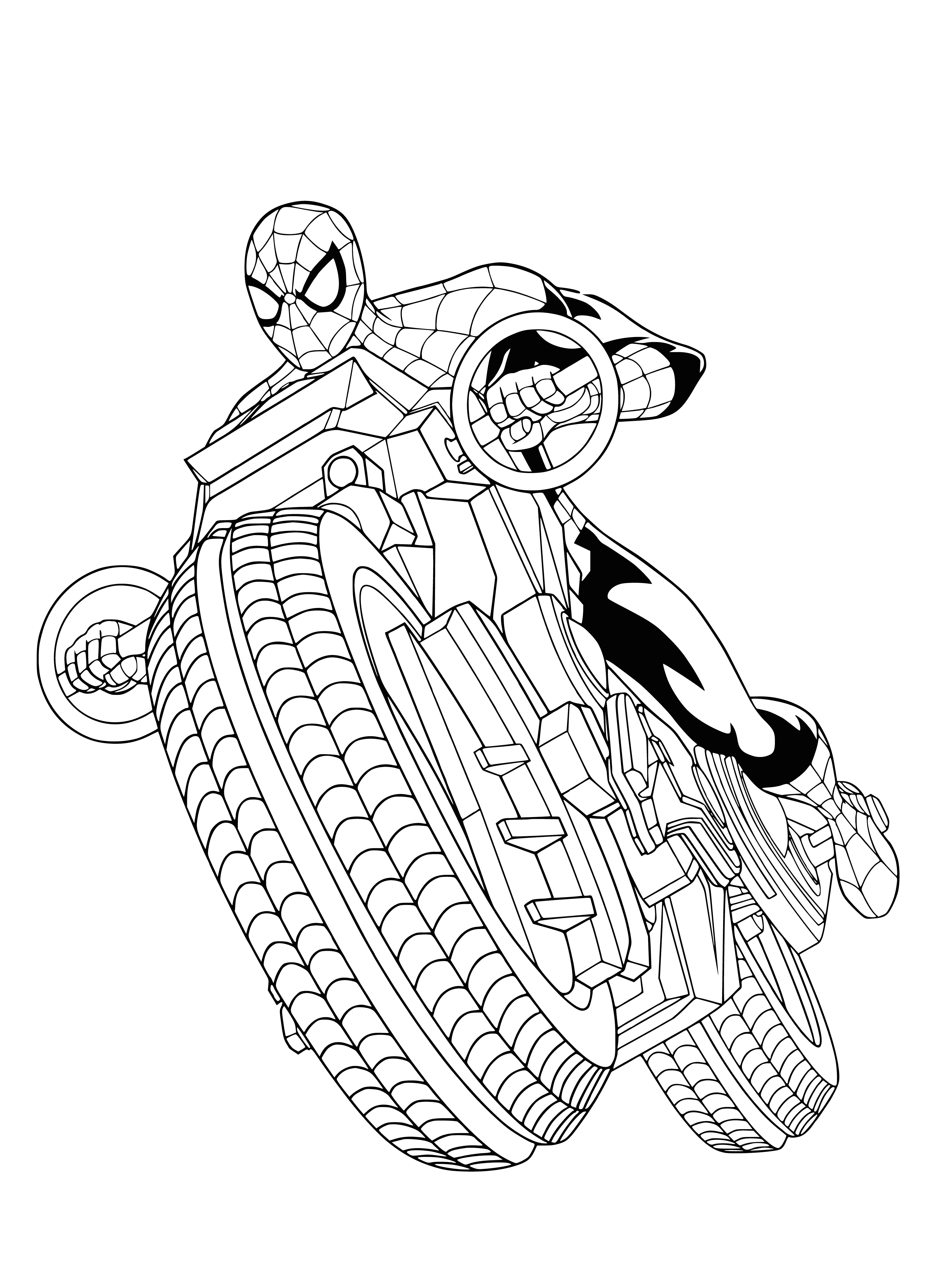 Spiderman on a motorcycle coloring page