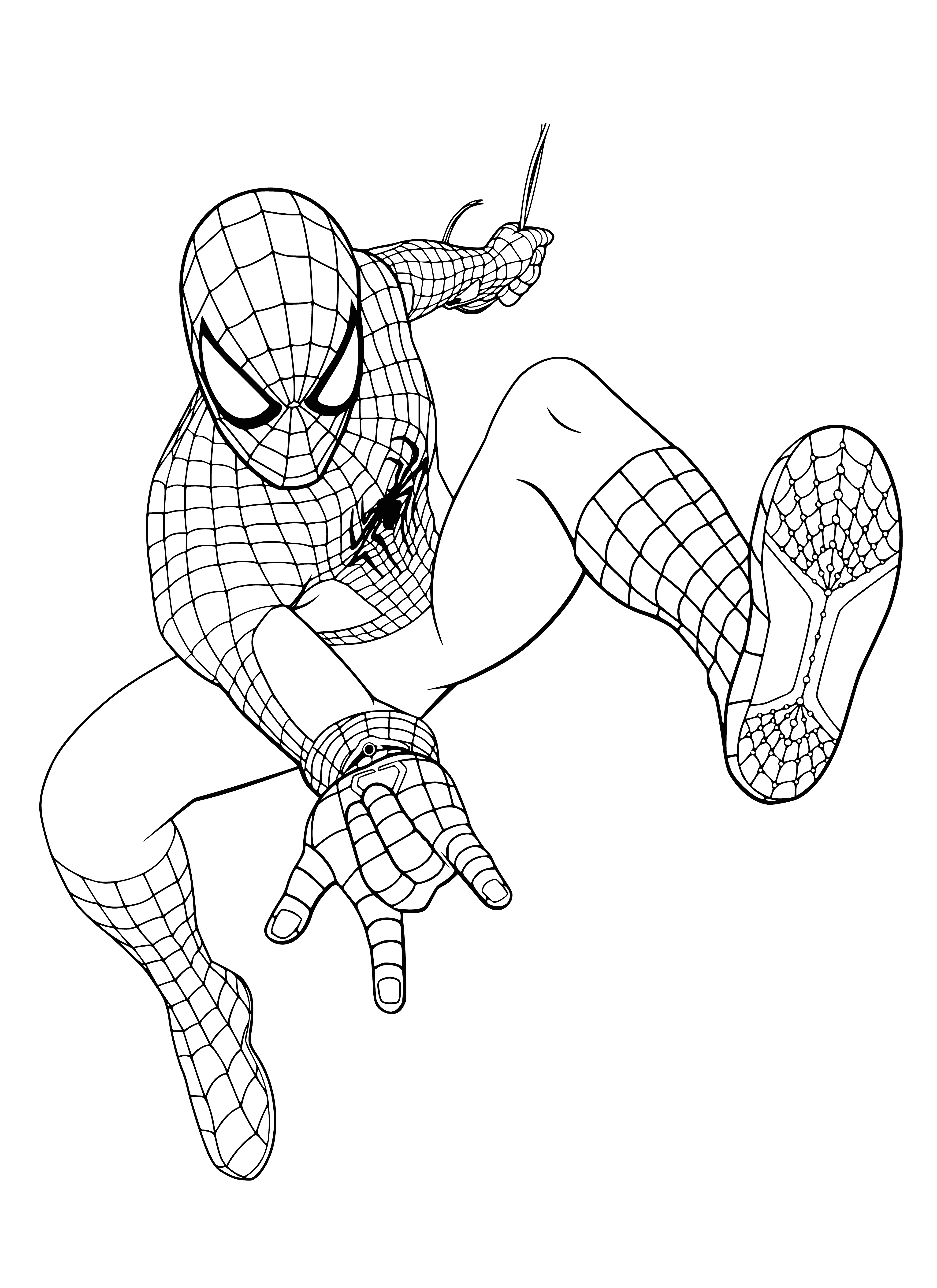 coloring page: Person dressed in spider suit shooting webs from wrists, red mask/spider on chest/back, in front of cityscape.