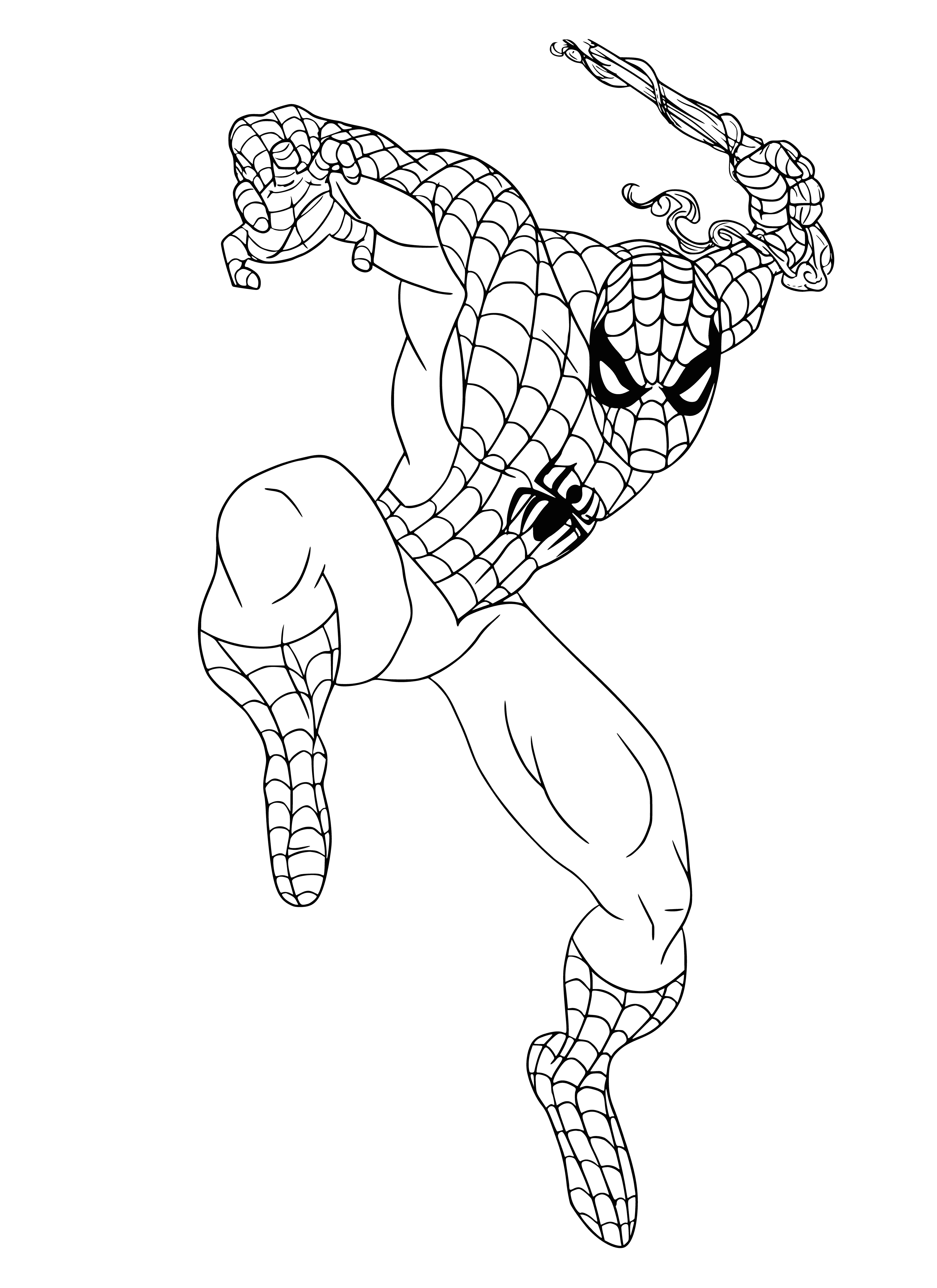 coloring page: Man in spider suit hangs from building, looking down at group below.