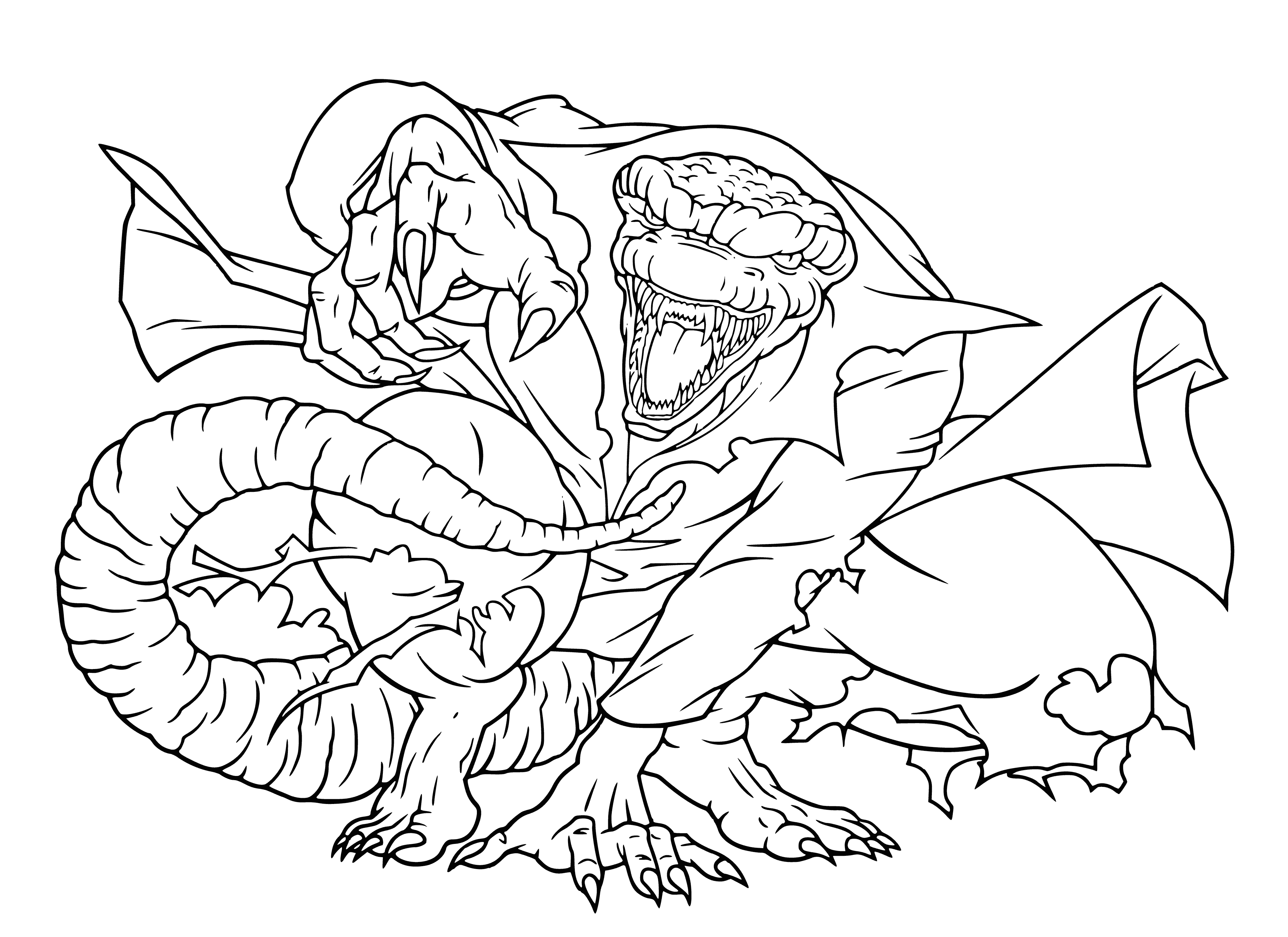 coloring page: Lizard, a big green supervillain with sharp claws, teeth and glowing red eyes, always ready to attack. #spiderman
